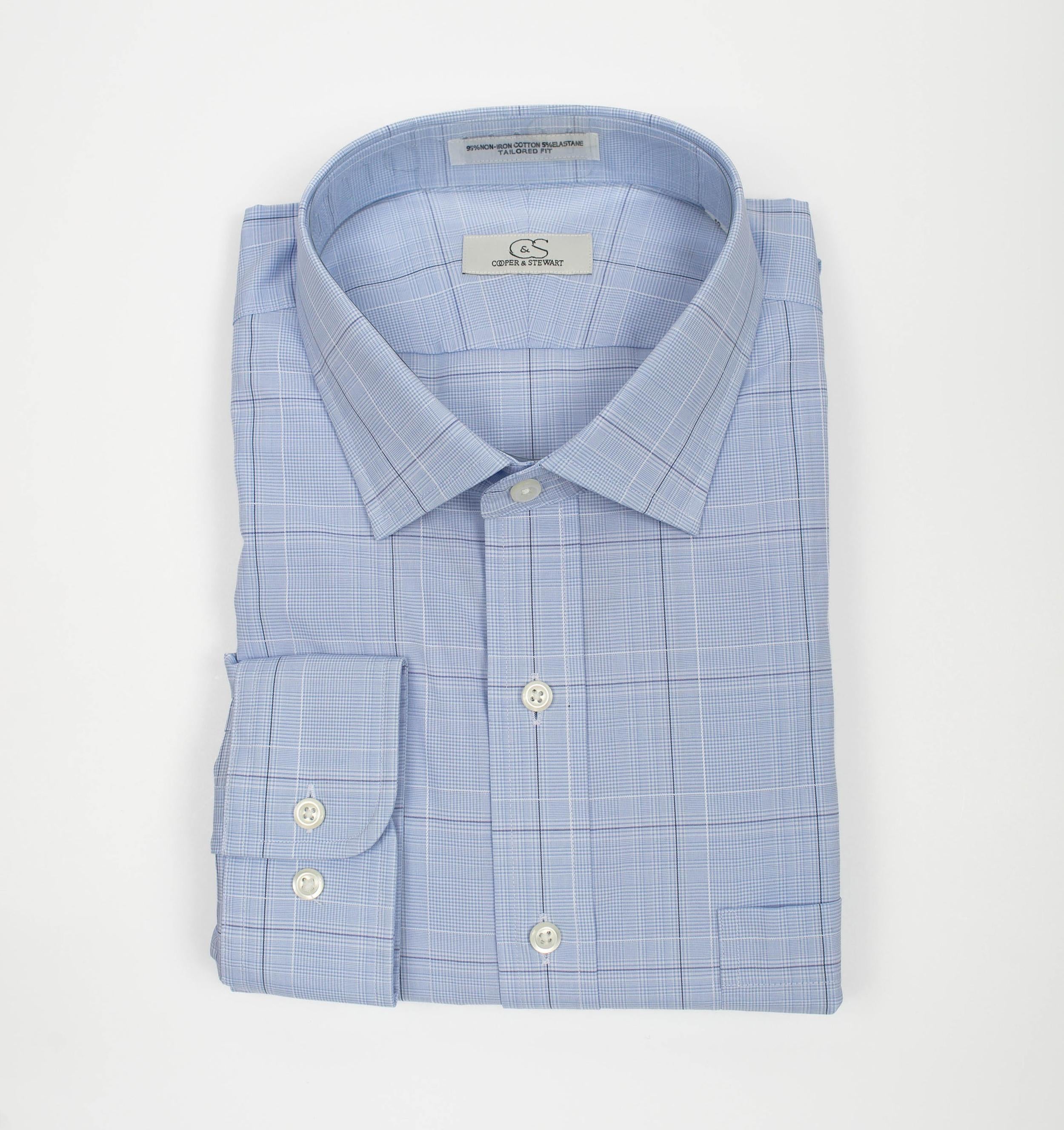 021 SC - Blue Ground Square Box Check Spread Collar