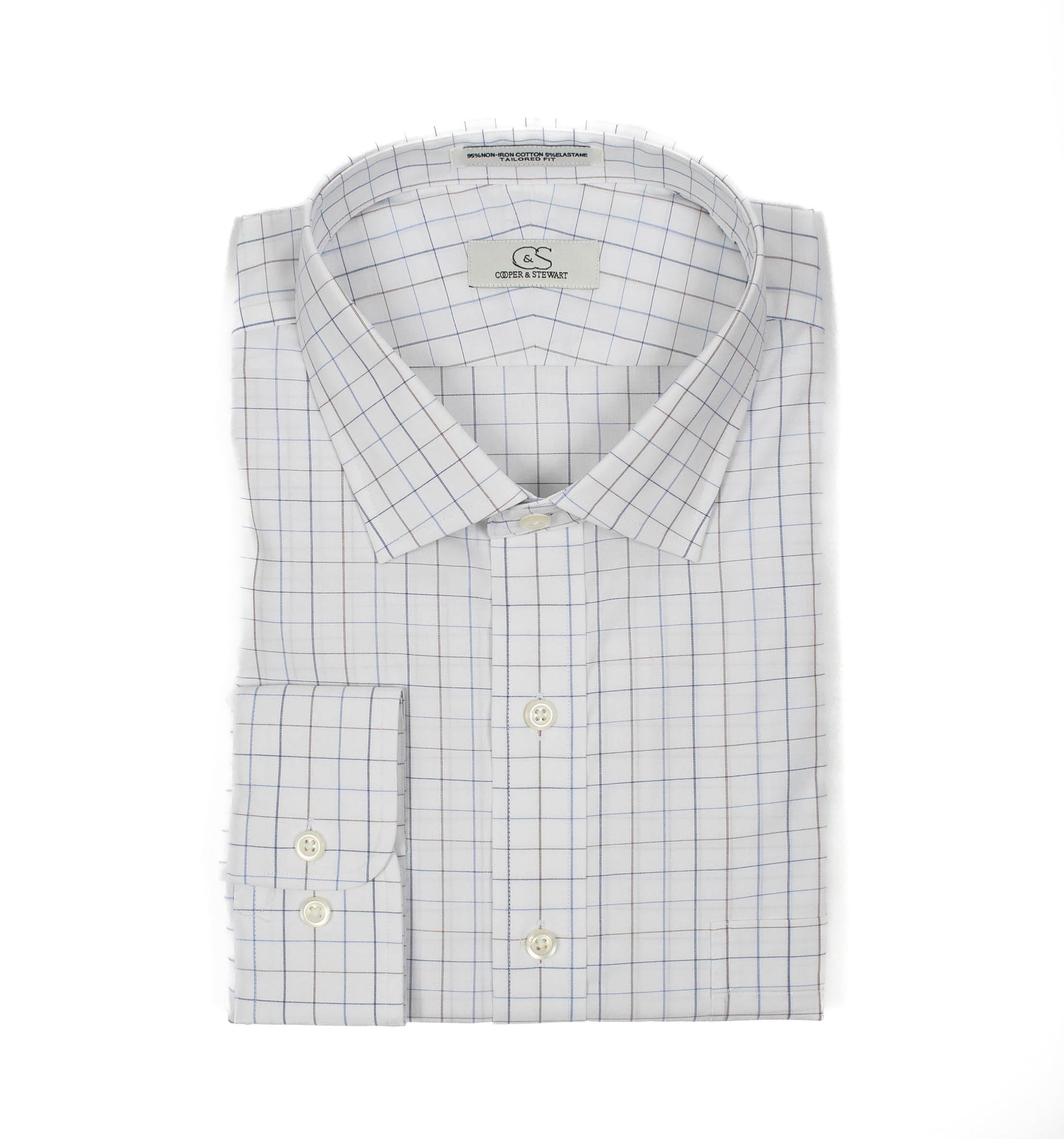 022 SC - White Ground Blue/Tan Check Spread Collar (95/5)