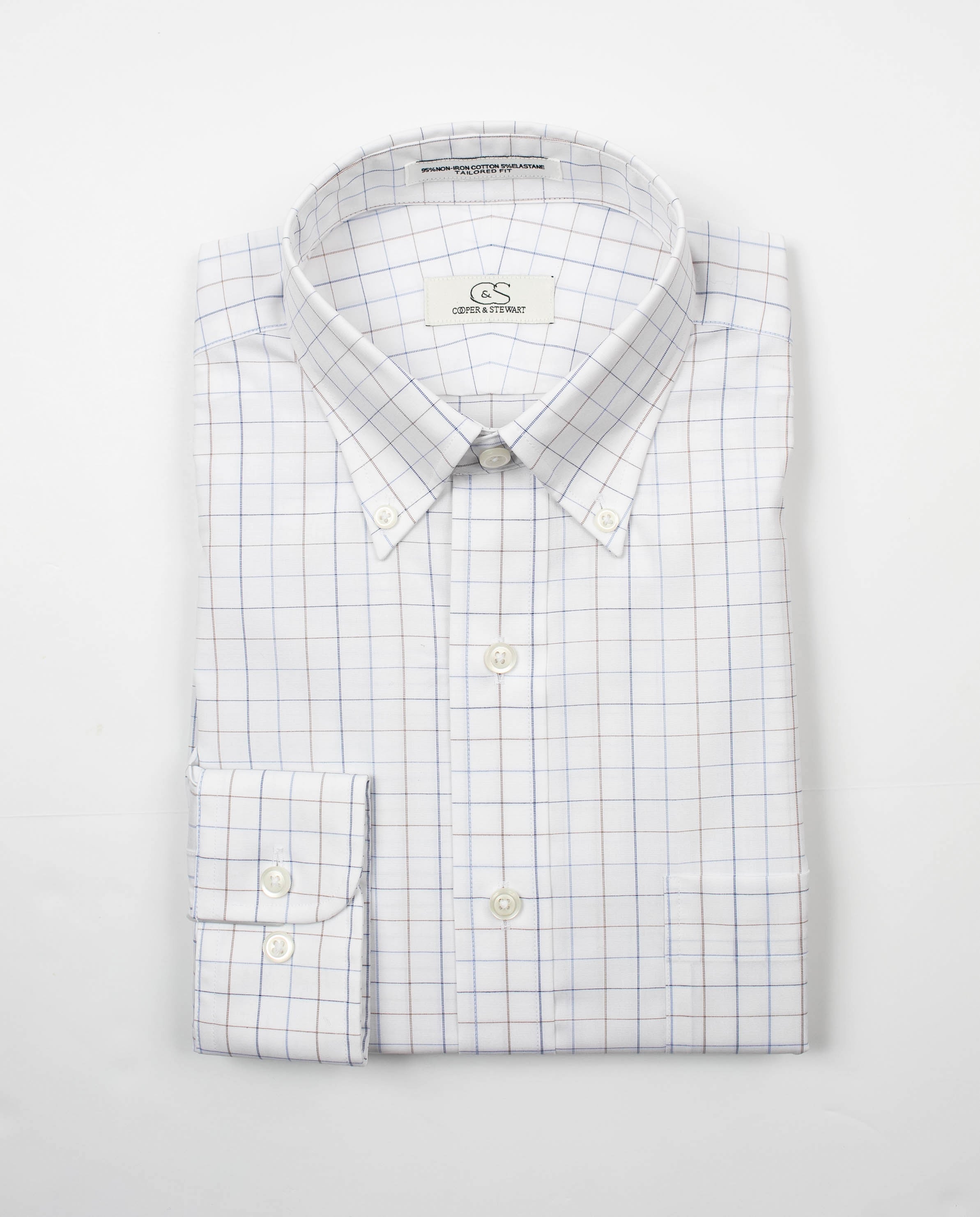 222 BD - C&S White Ground Blue/Tan Check Button Down Collar (95/5)