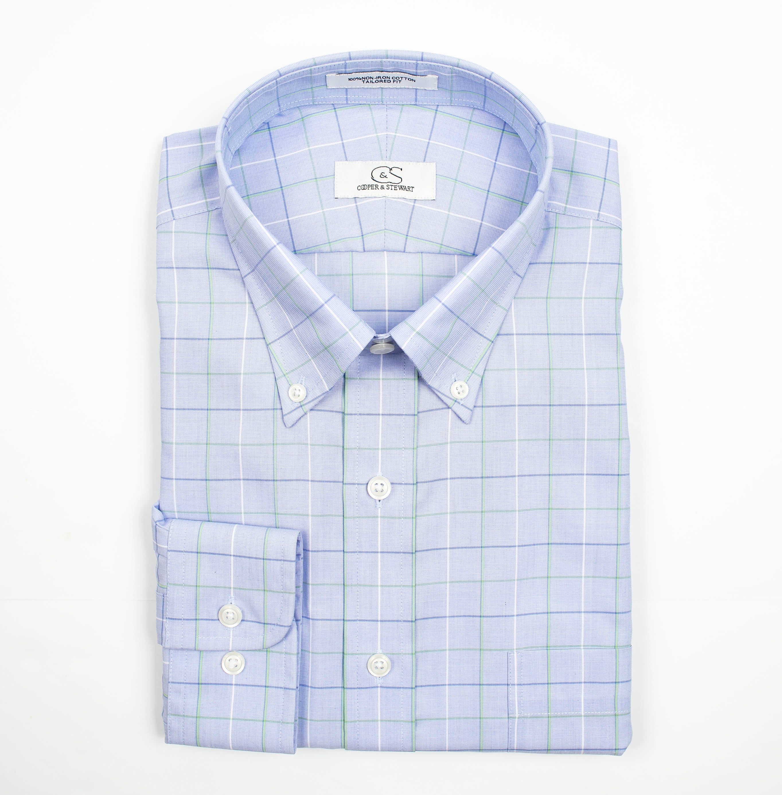 138 TF BD - Blue/Green Windowpane Tailored Fit Button Down Collar