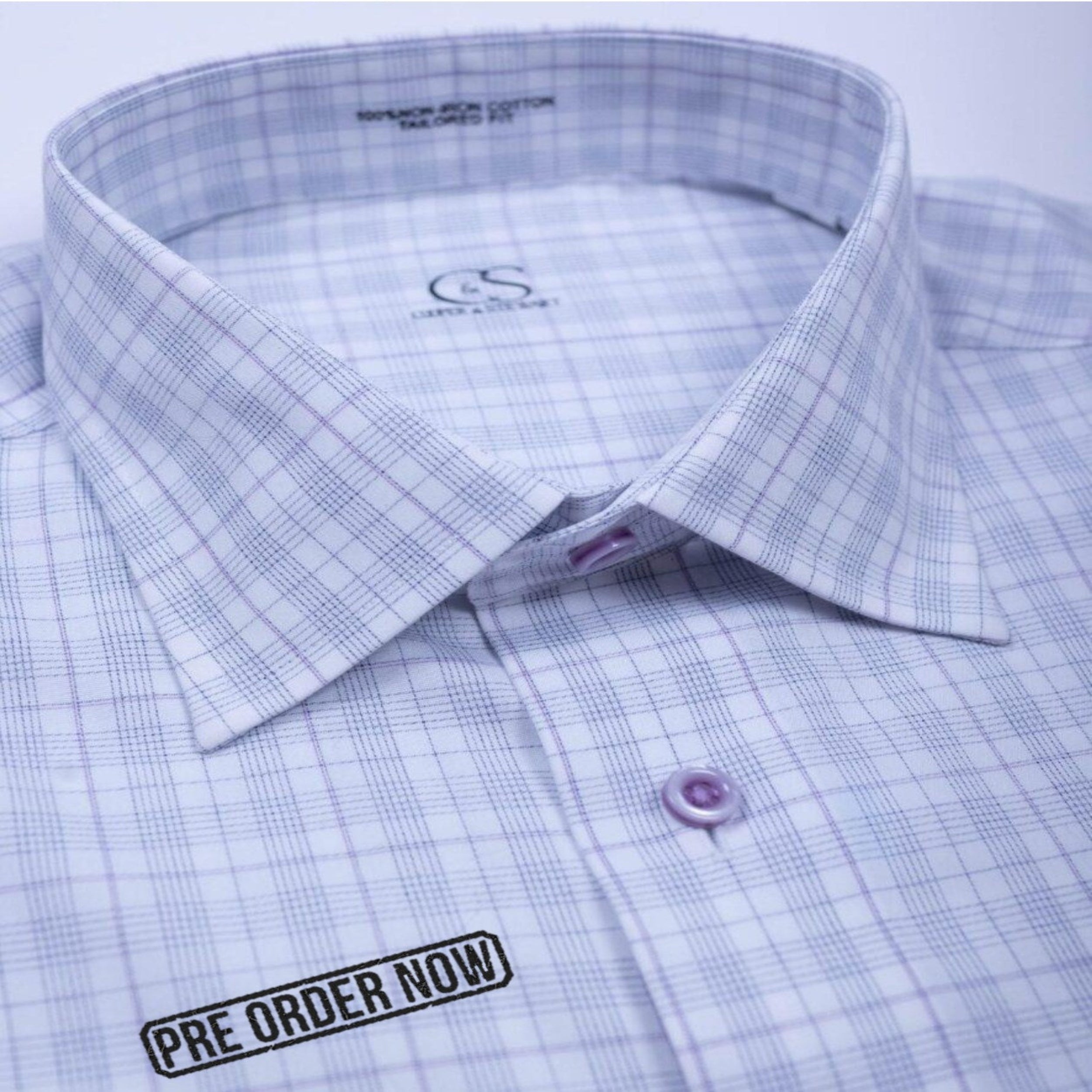 165 CF SC - Elegant Soft Ecru with Navy and lavender Plaid Spread Collar( Arriving Spring 26)