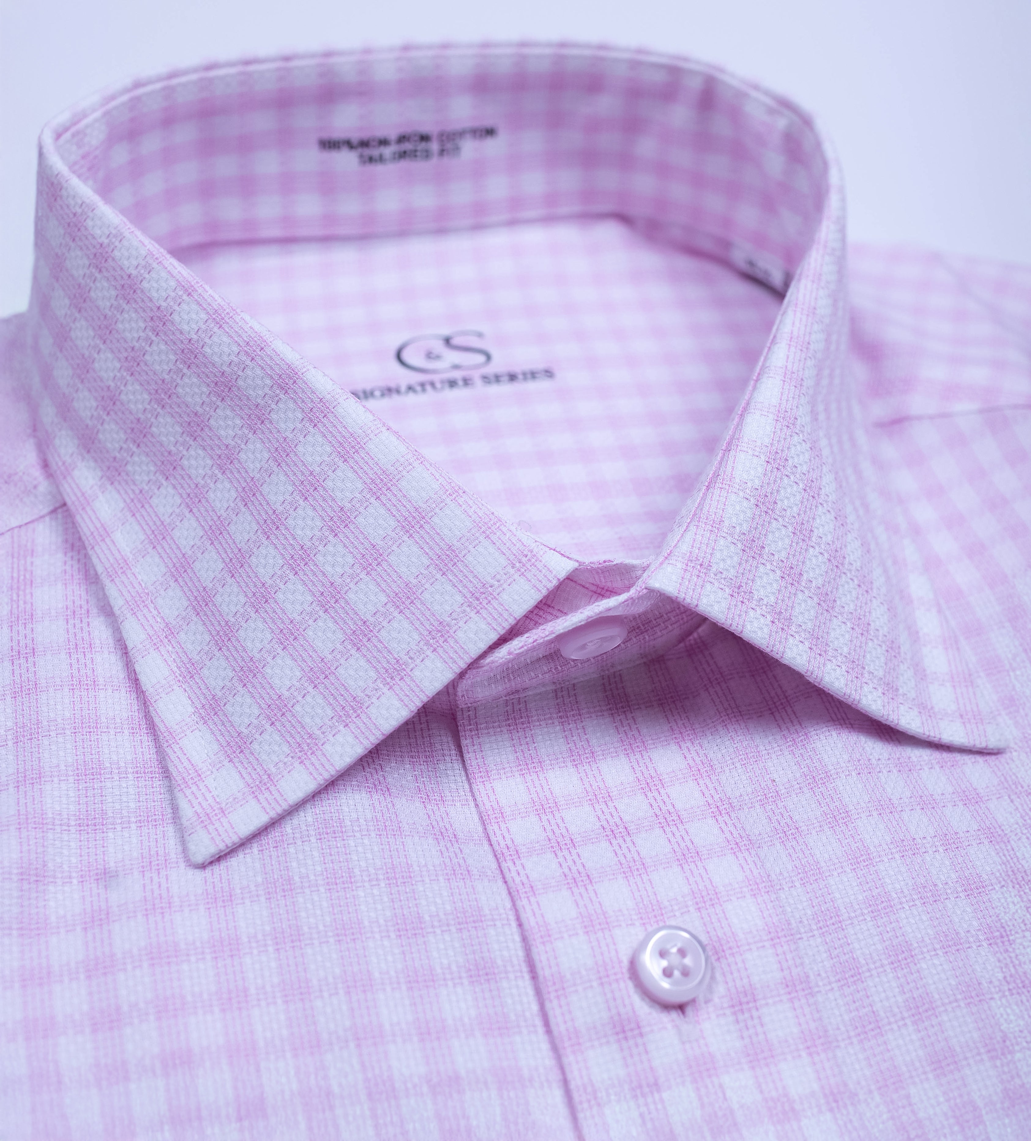 5004 TF SC - TF Pink Track Tattersall Spread Collar Signature Series