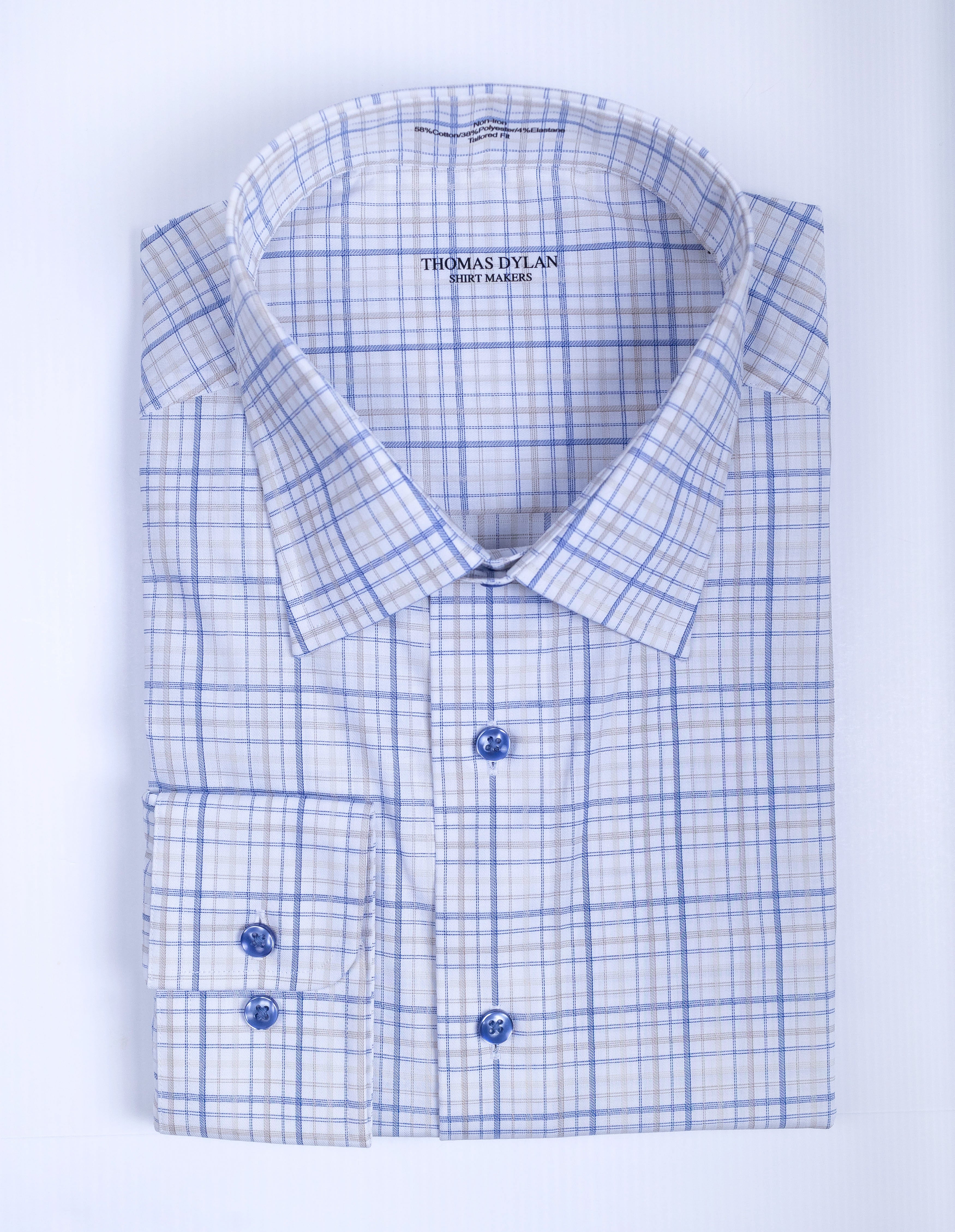 817 CF SC - White Multi Plaid Deco Taupe, Gold and Navy Spread Collar