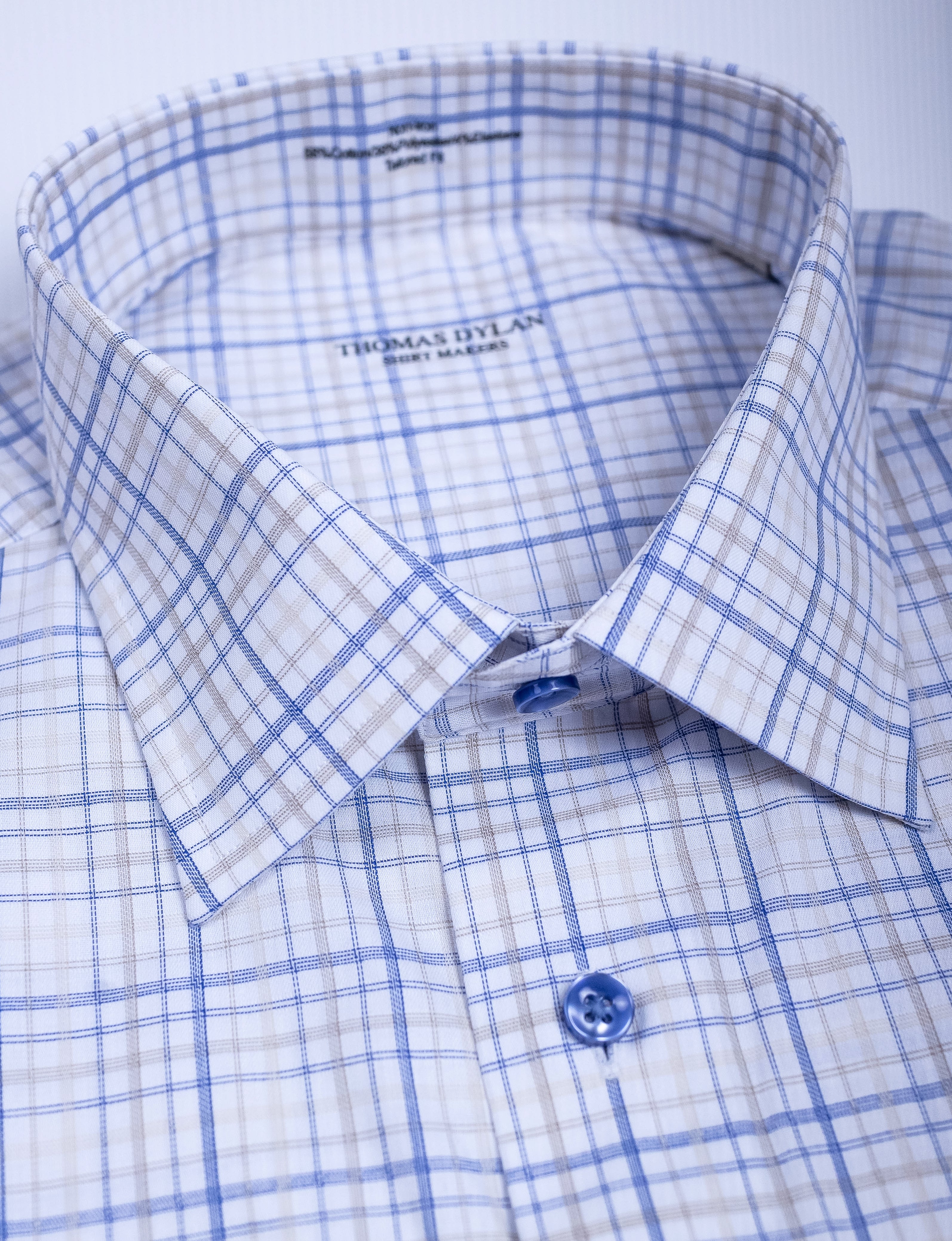 817 TF SC - T-Fit White Multi Plaid Deco Taupe, Gold and Navy Spread Collar