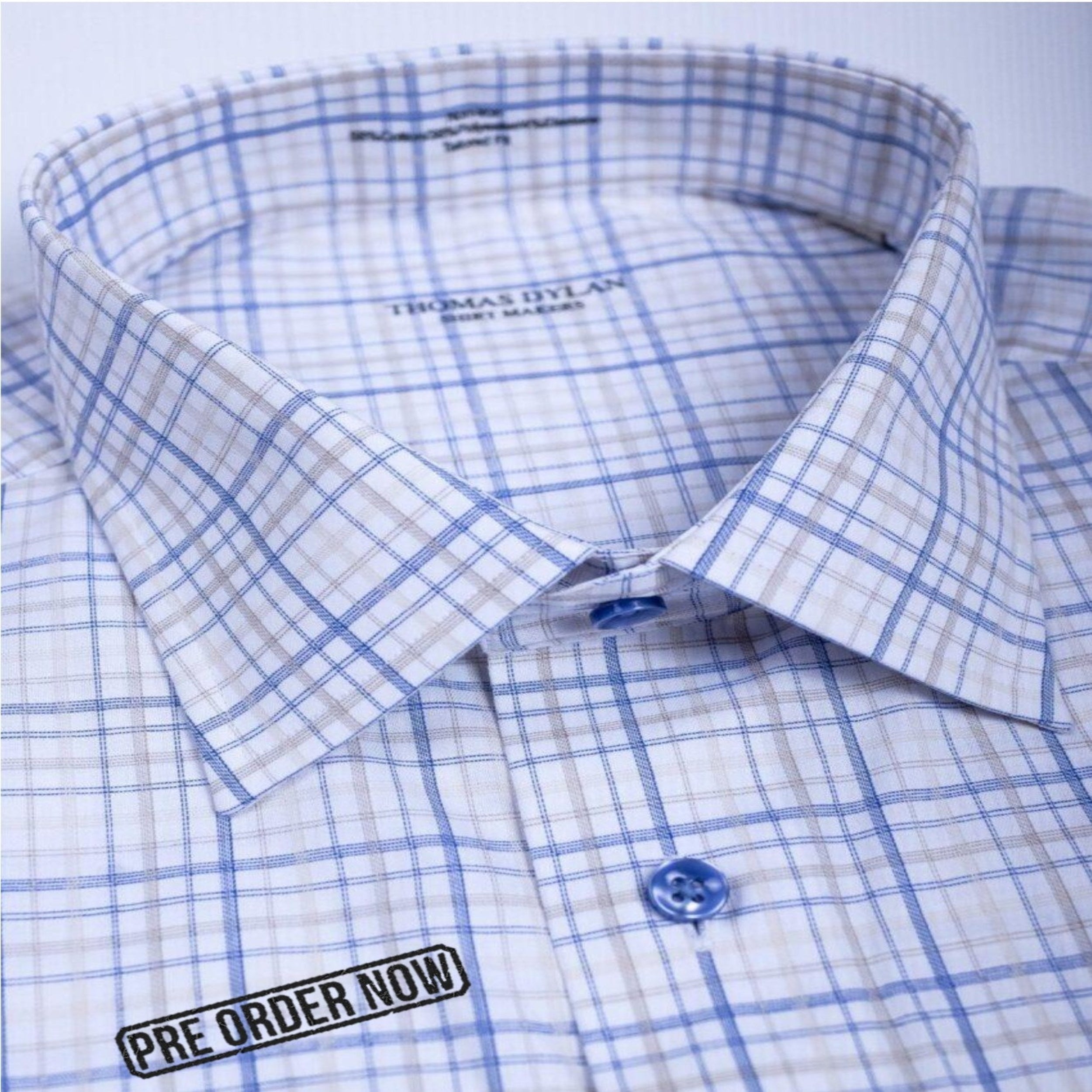 817 TF SC - T-Fit White Multi Plaid Deco Taupe, Gold and Navy Spread Collar (Arriving Spring 26)