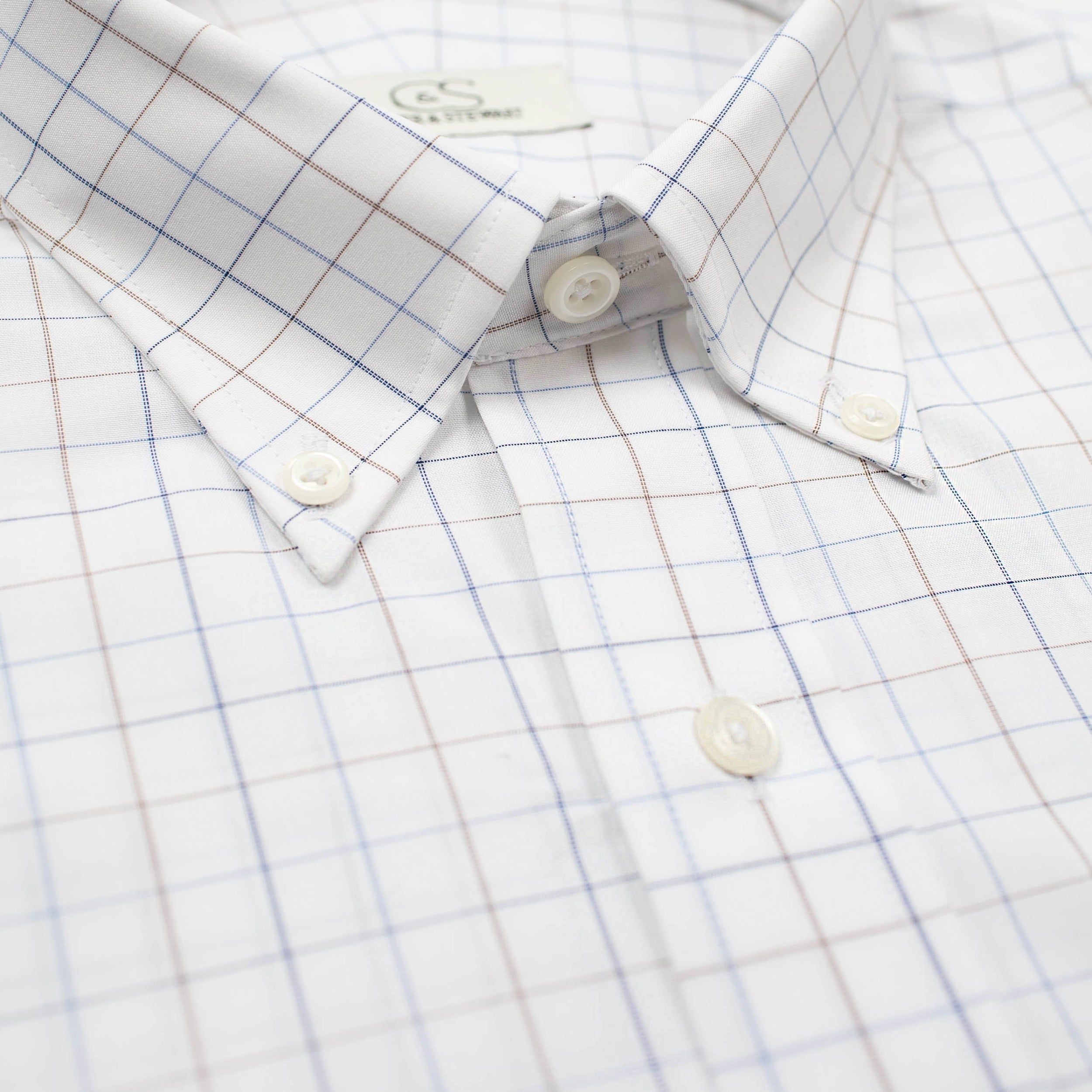 022 TF BD - White Ground Blue/Tan Check Tailored Fit Button Down Collar