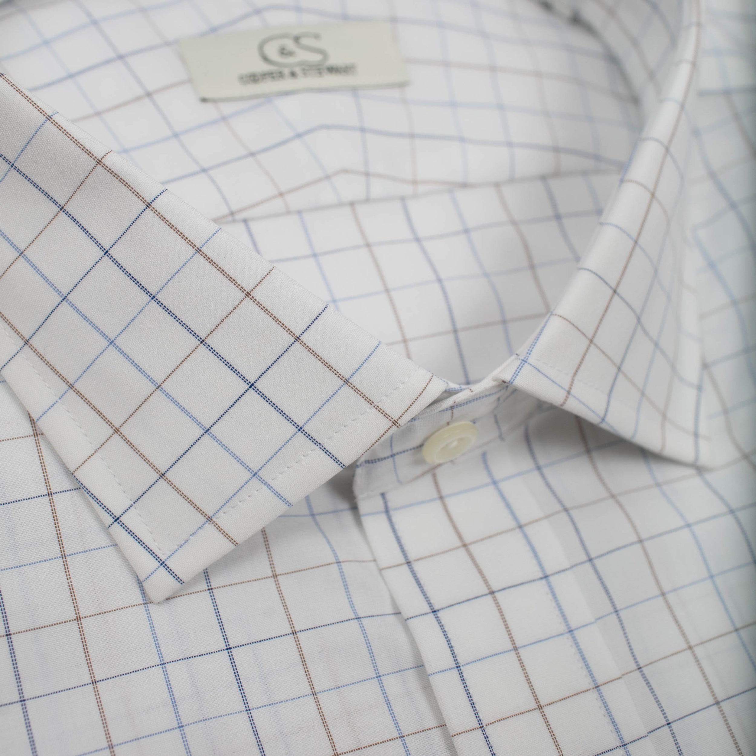 022 TF SC - White Ground Blue/Tan Check Tailored Fit Spread Collar