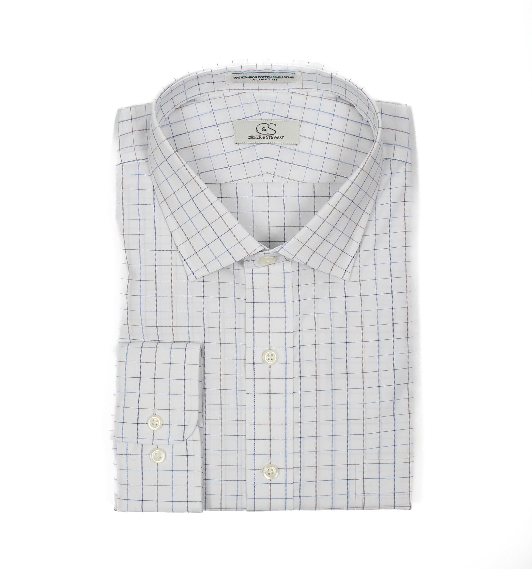 022 TF SC - White Ground Blue/Tan Check Tailored Fit Spread Collar