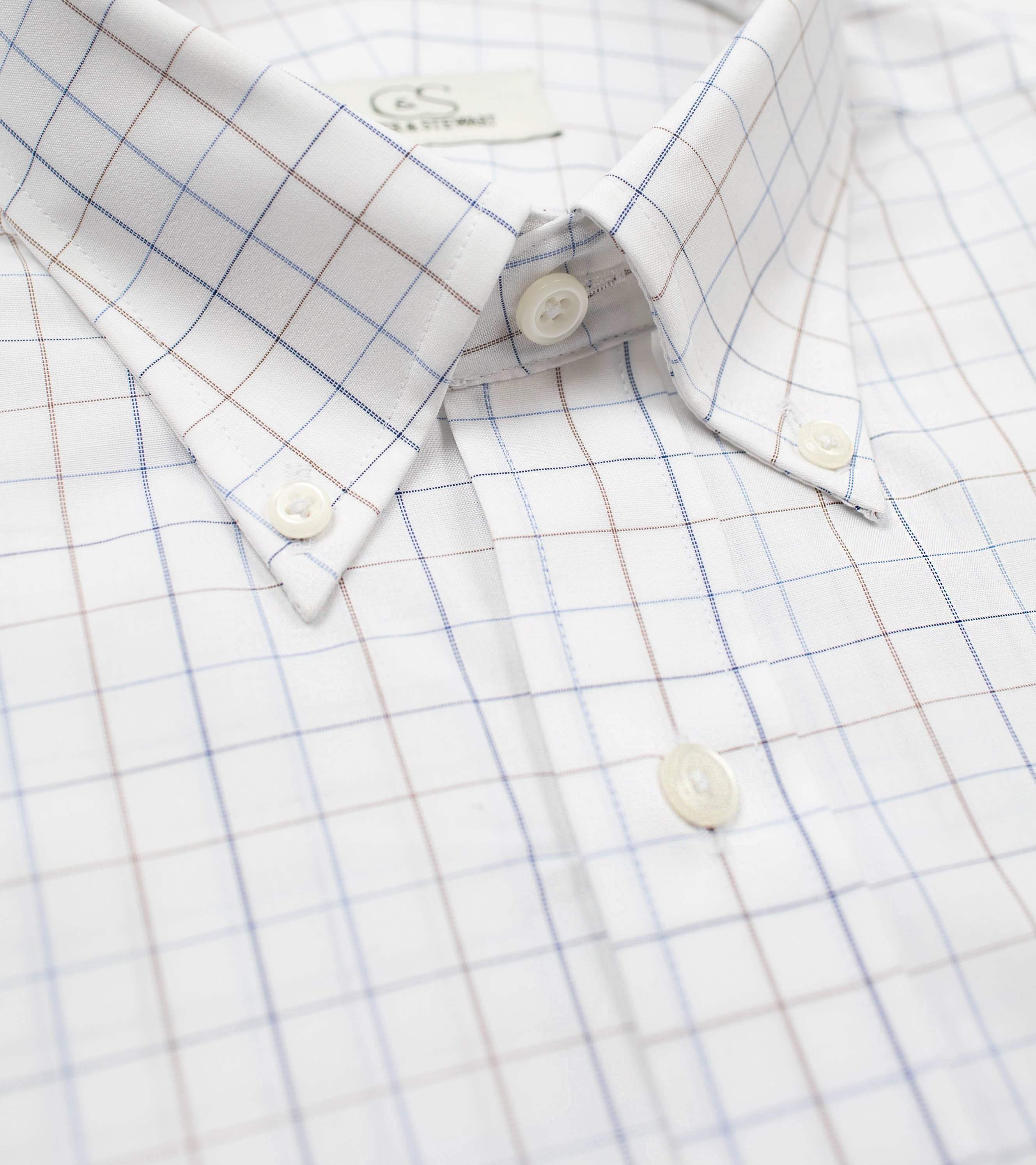 022 BD - White Ground Blue/Tan Check Button Down Collar (95/5)