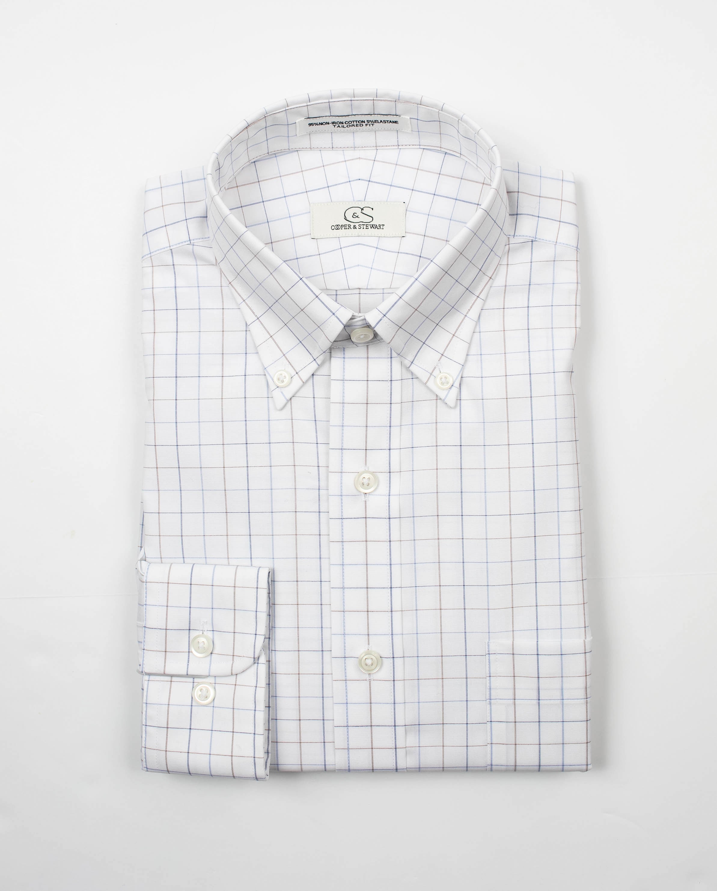 022 BD - White Ground Blue/Tan Check Button Down Collar (95/5)