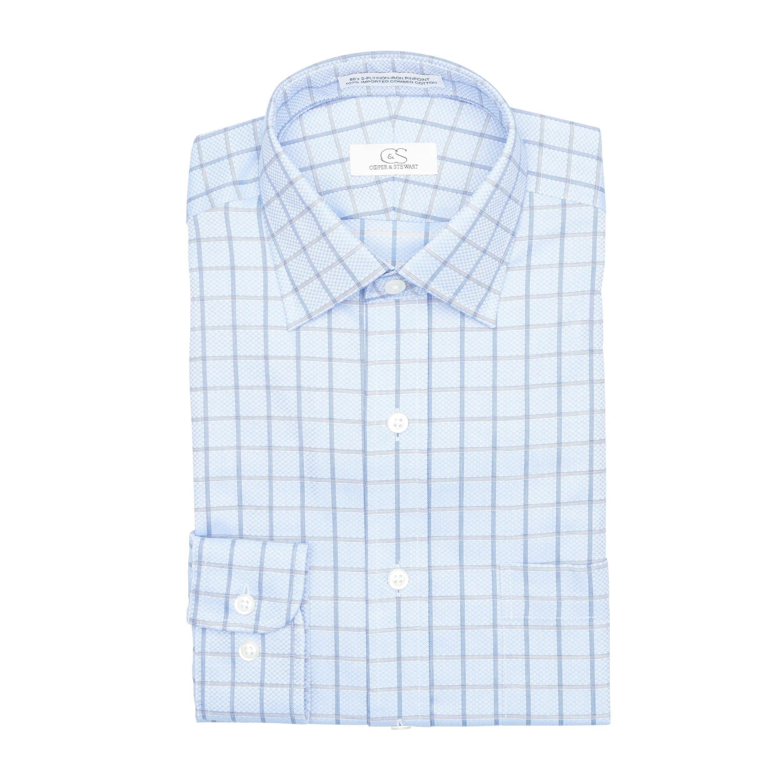046 TF SC - Blue Text Box Check Tailored Fit Spread Collar