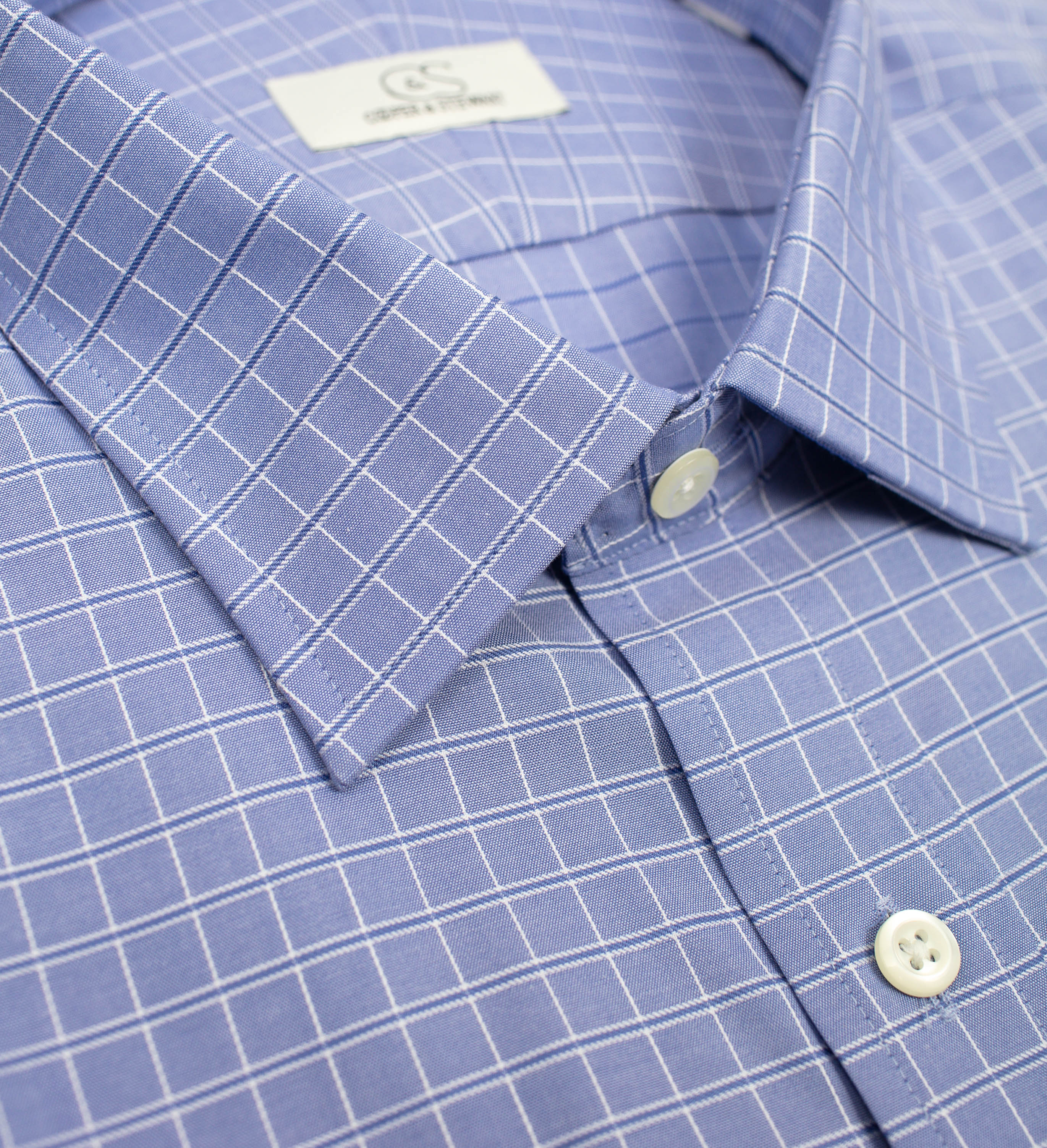073 SC - Blue Satin Check Spread Collar