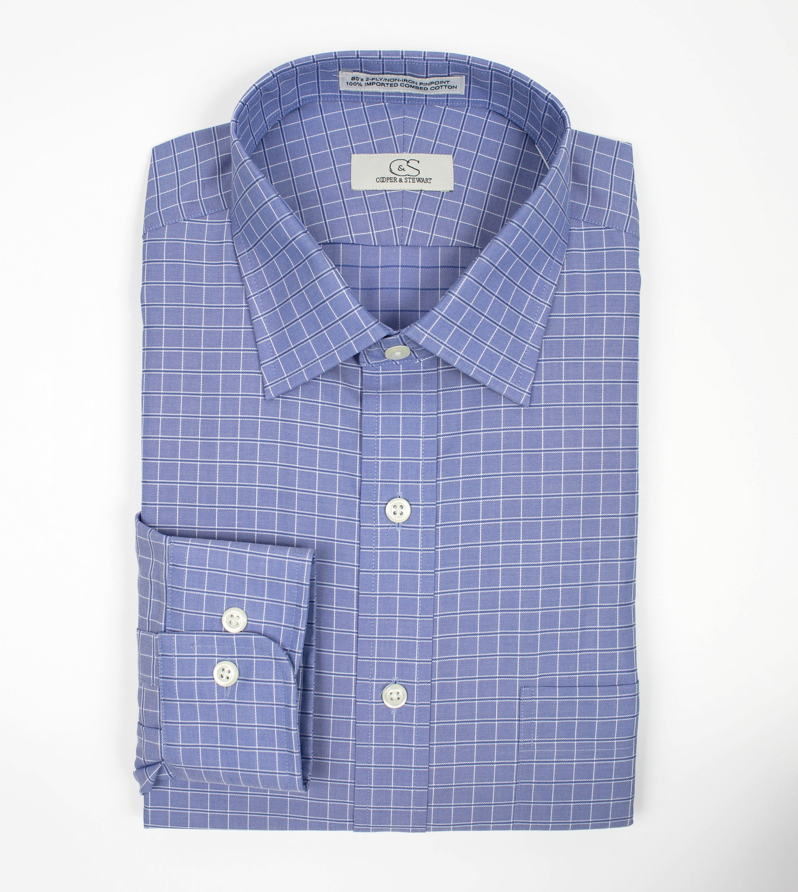073 TF SC - Blue Satin Check Tailored Fit Spread Collar