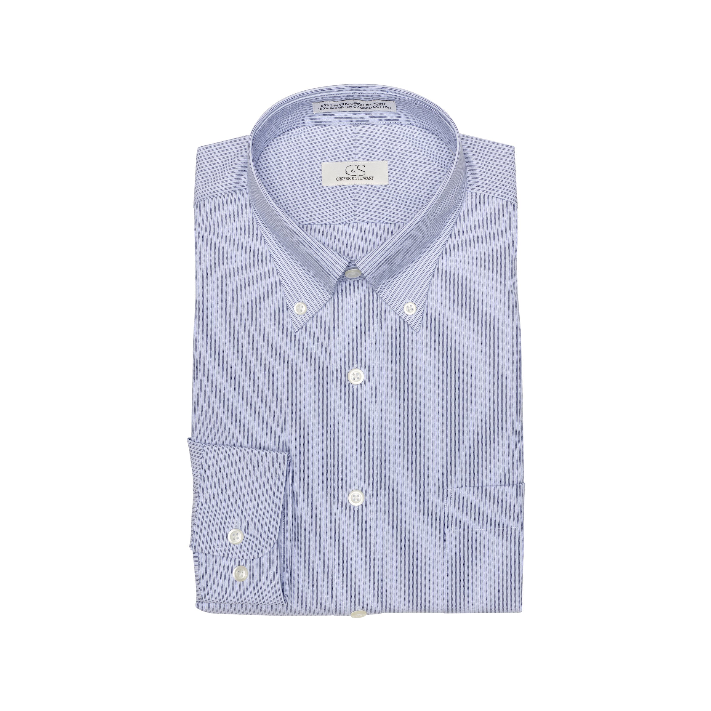074 TF BD - Blue Double Line Stripe Tailored Fit Button Down Collar
