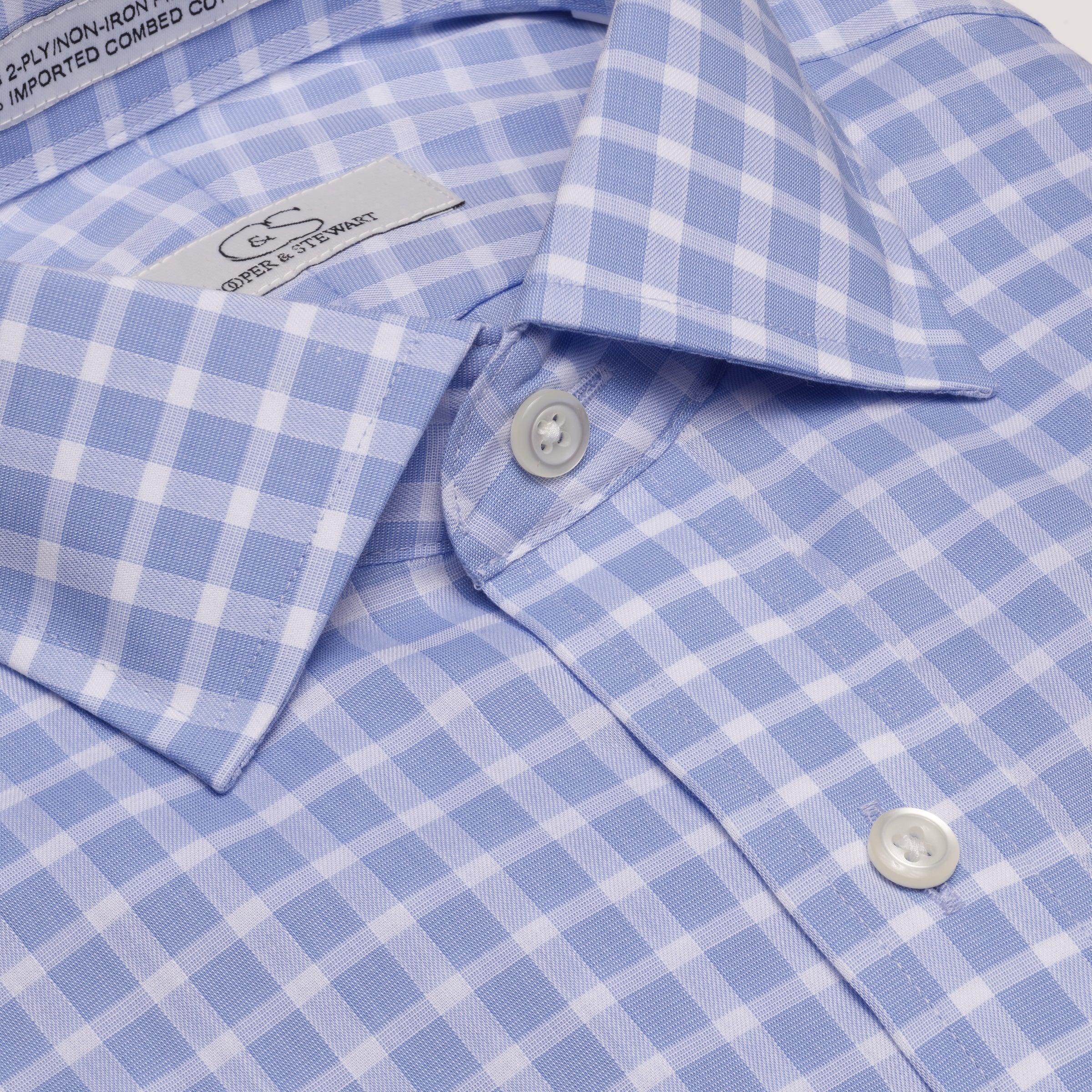 078 SC - Blue Text Dobby Check Spread Collar