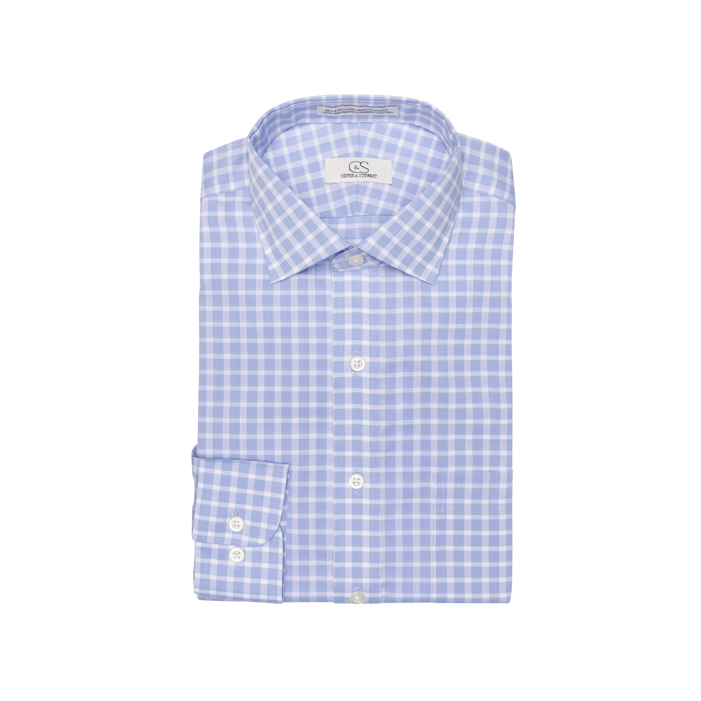 078 TF SC - Blue Text Dobby Check Tailored Fit Spread Collar
