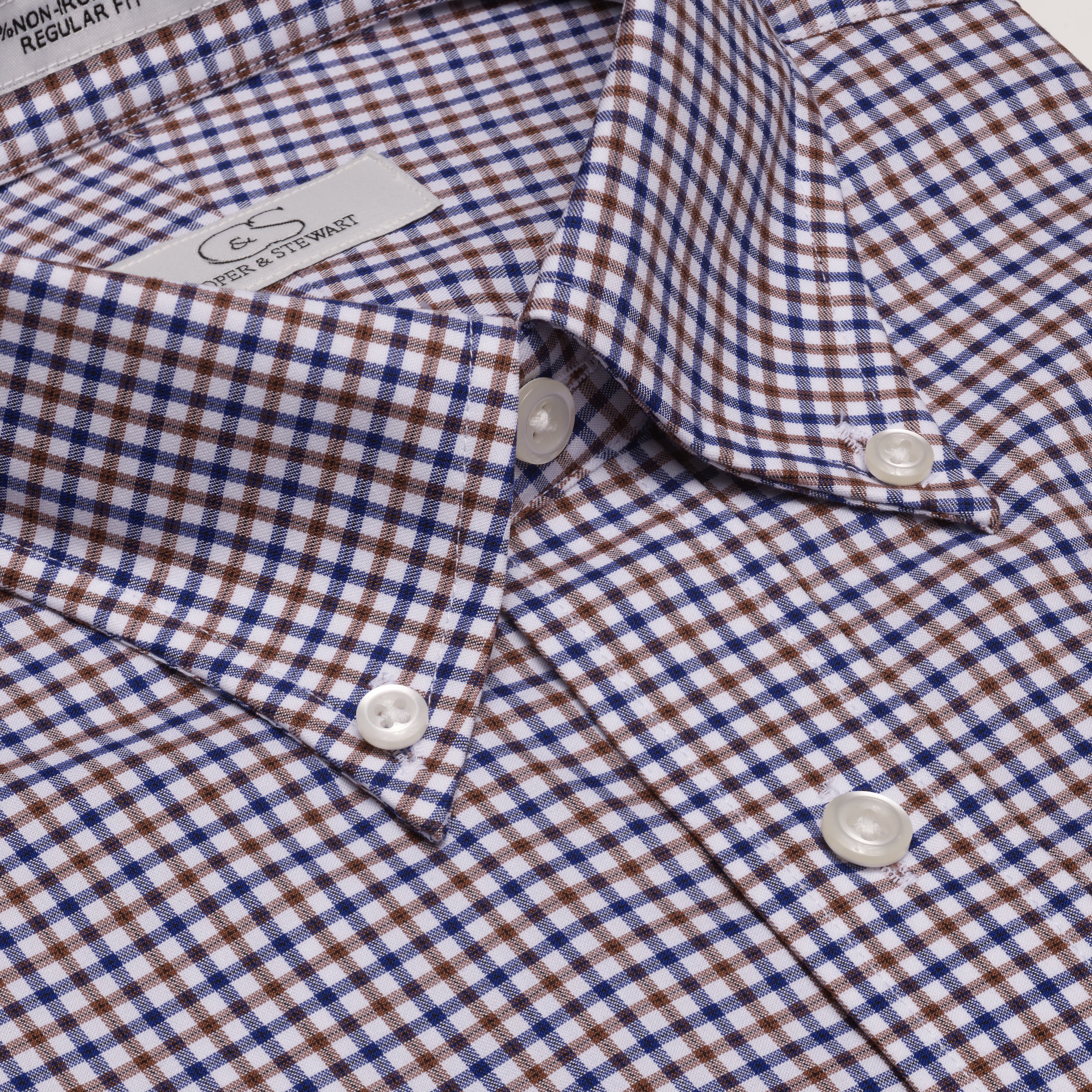 083 BD - Blue & Tan Check Button Down Collar