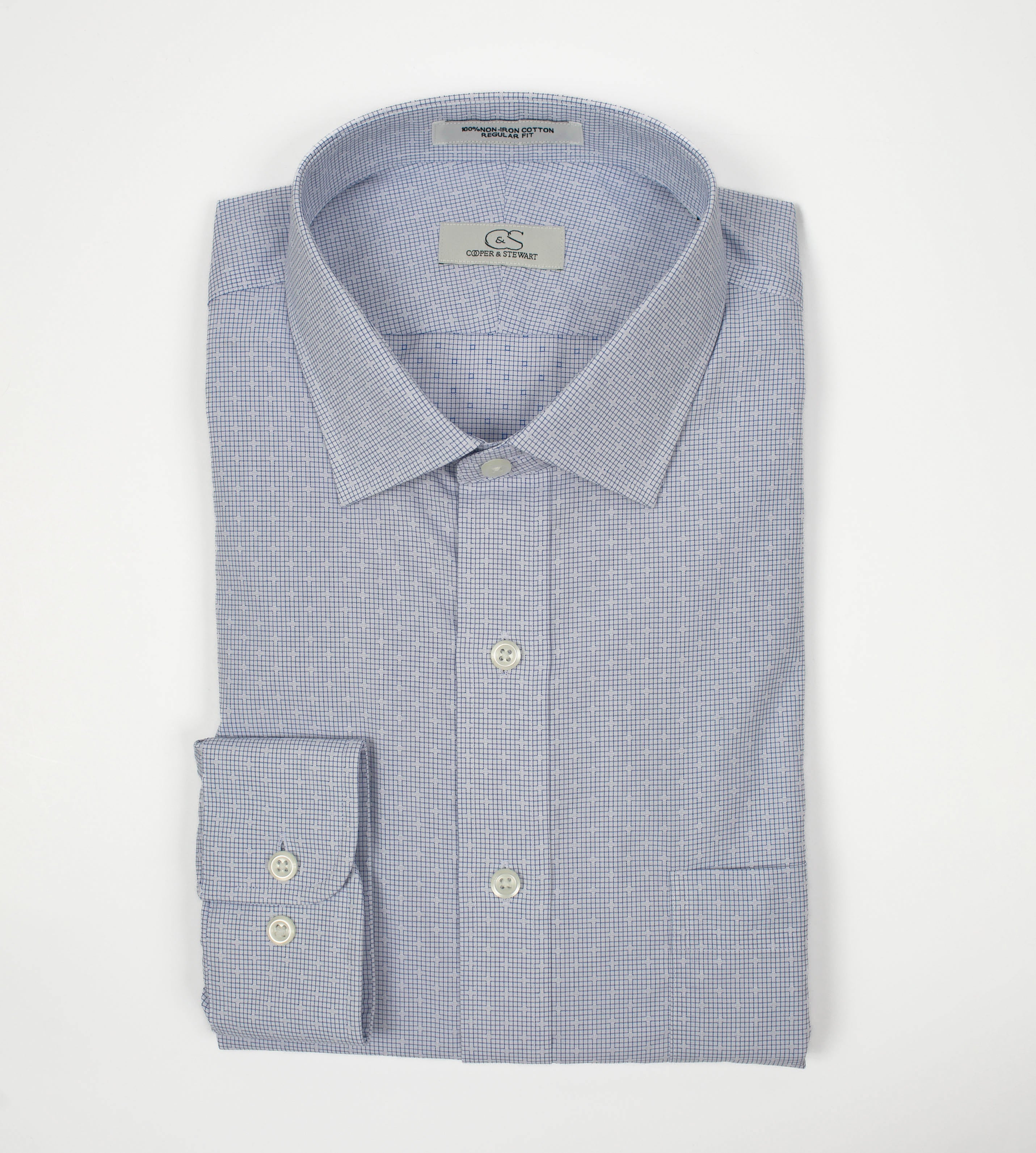 089 TF SC - Blue Dobby on Graph Check Tailored Fit Spread Collar (95/5)
