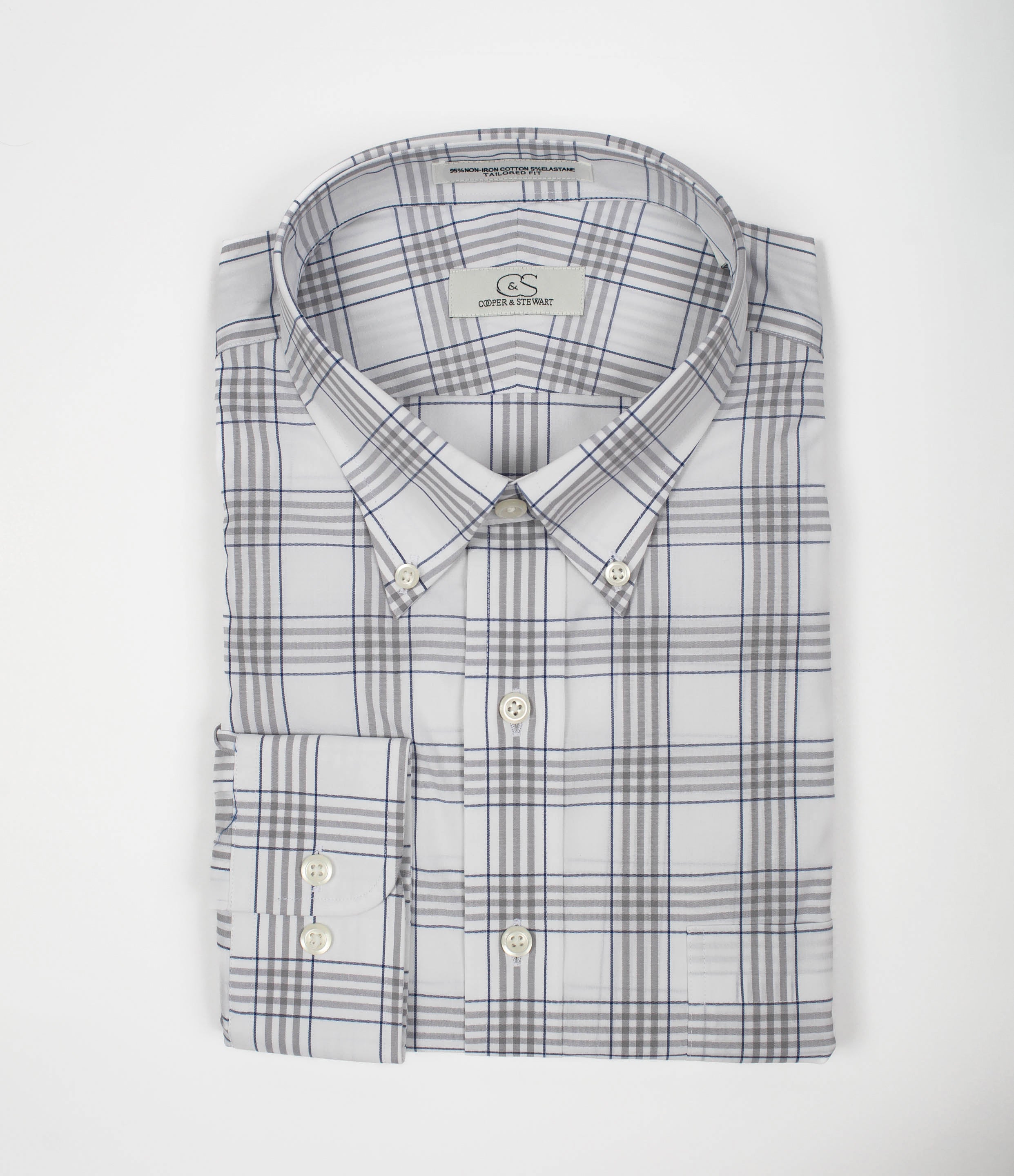090 TF BD - Off White Windowpane w/Blue & Taupe Tailored Fit Button Down Collar (95/5)