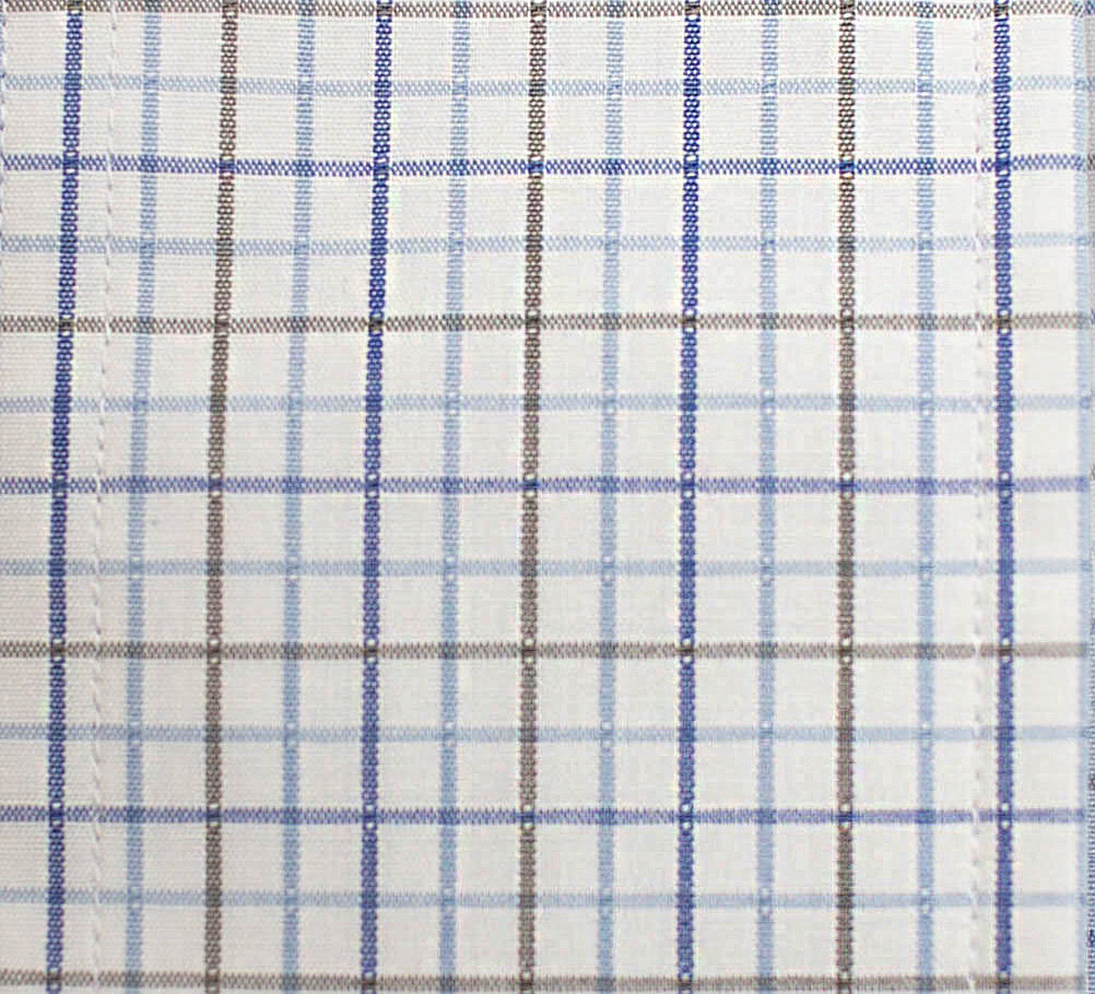 091 BD - White Ground Tan & Blue Small Check Button Down Collar (95/5)