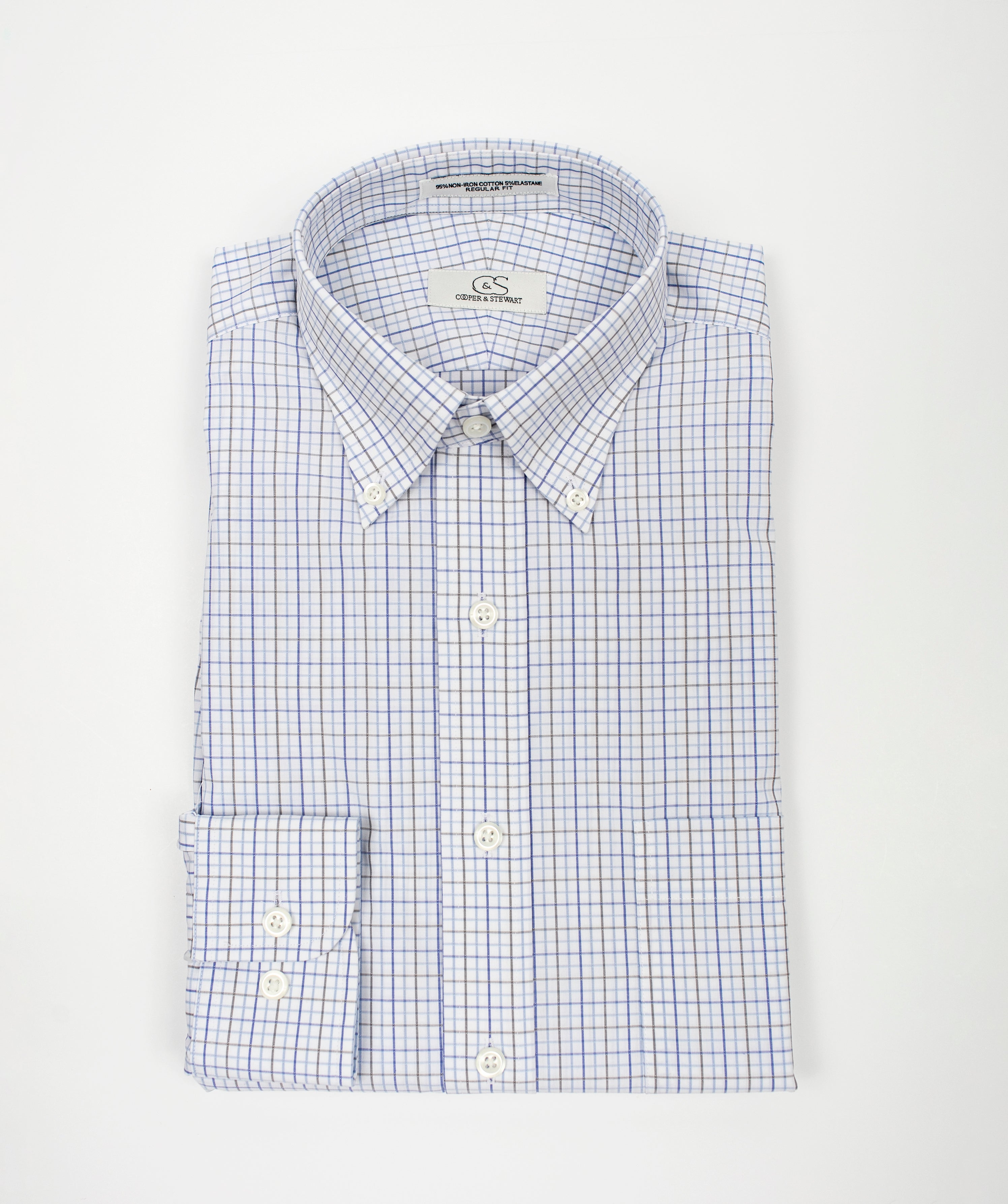 091 TF BD - White Ground Tan & Blue Small Check Tailored Fit Button Down Collar (95/5)