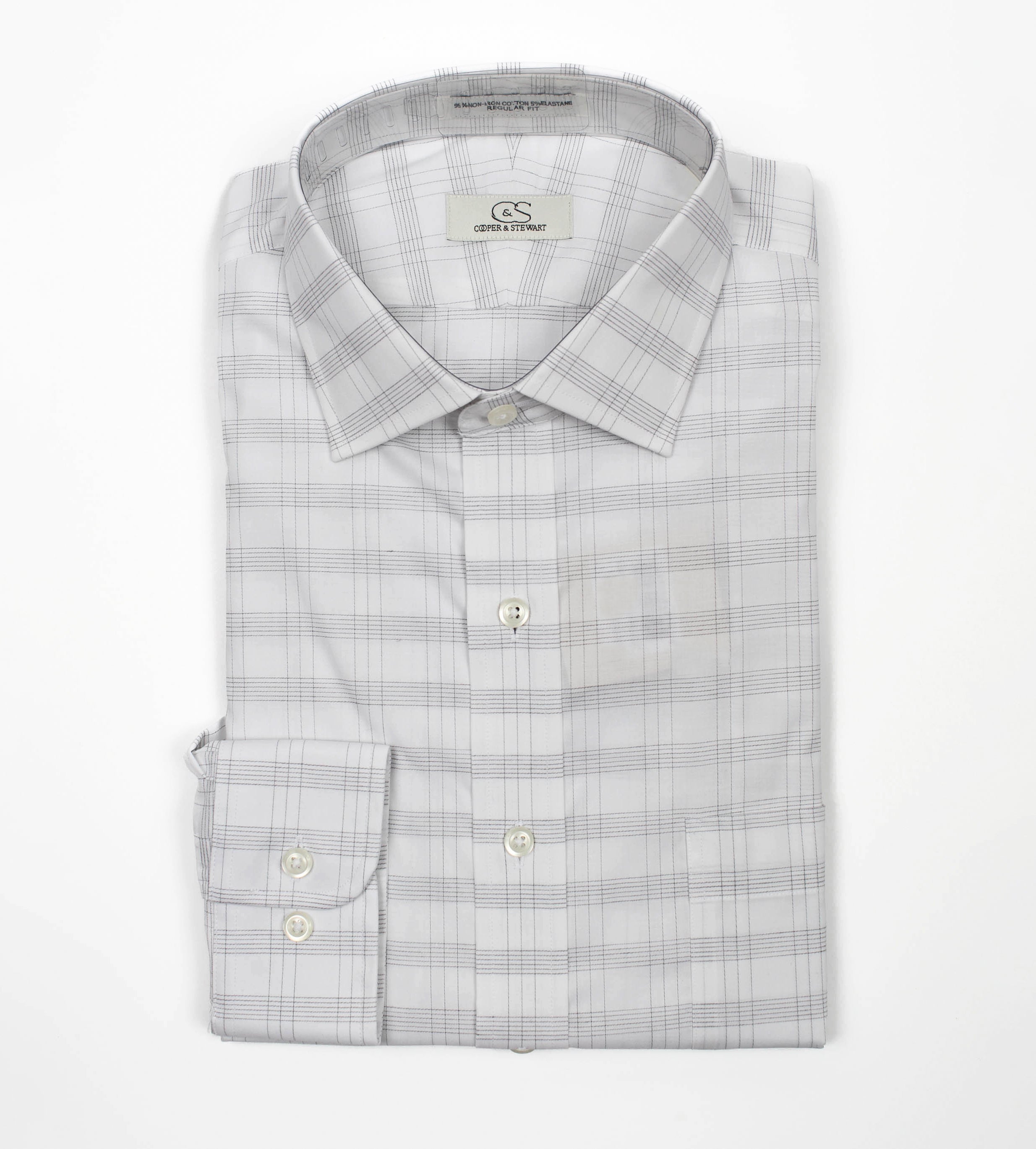 092 SC - Soft Grey Plaid Spread Collar (95/5)