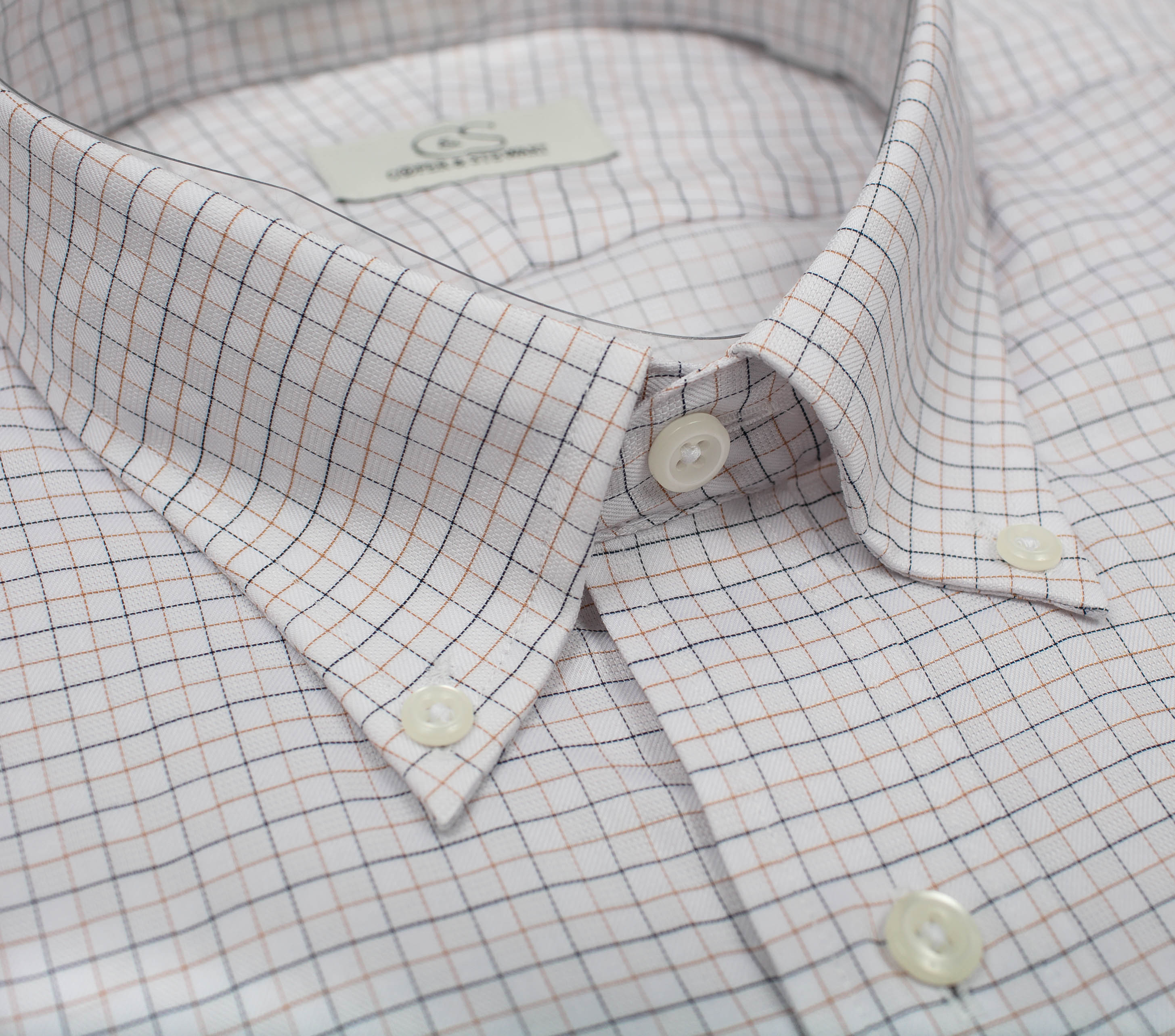 095 BD - Tan & Black Check on Dobby Button Down Collar (95/5)