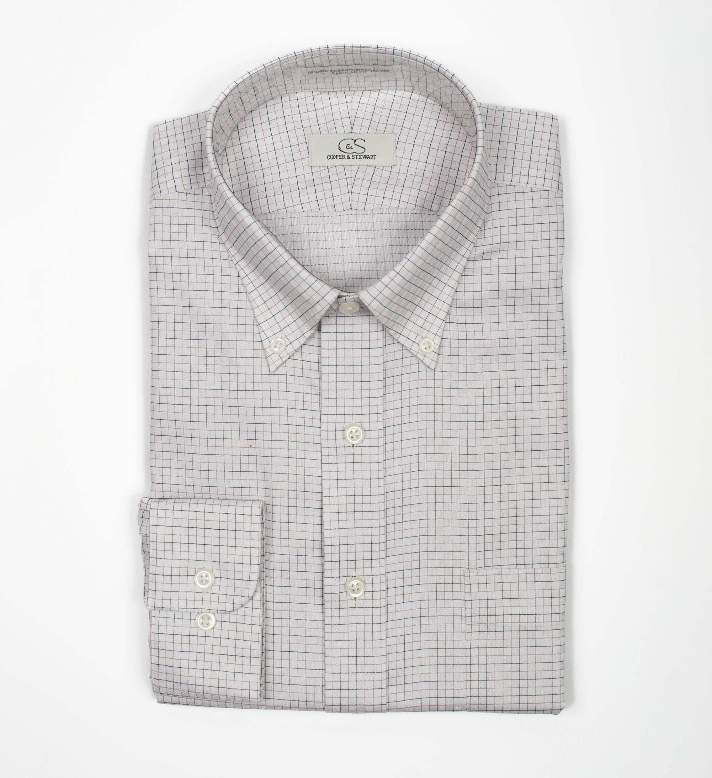 095 BD - Tan & Black Check on Dobby Button Down Collar (95/5)