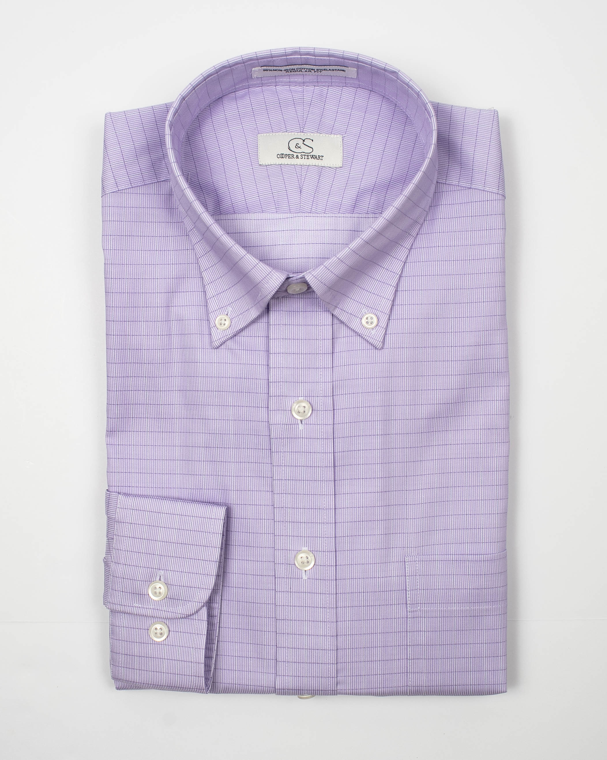 098 TF BD - Lavender Grid w/Overlay Check Tailored Fit Button Down Collar