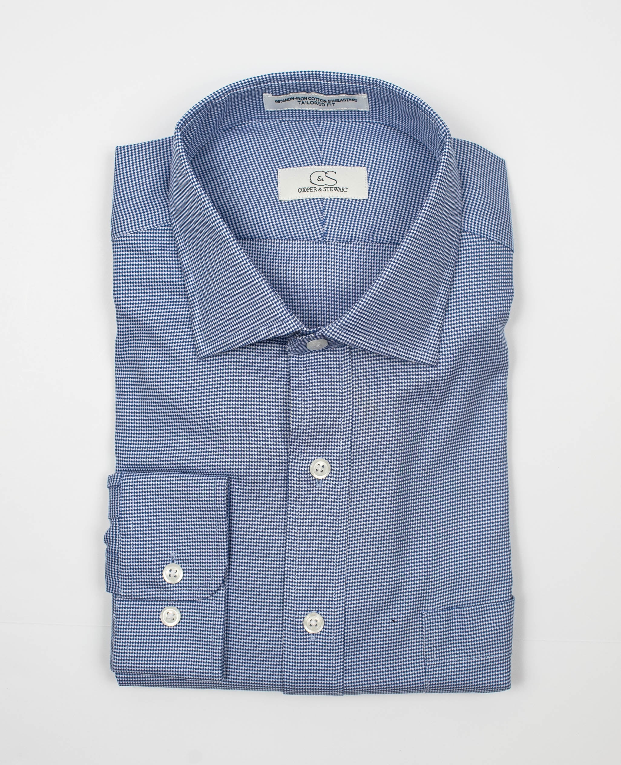 101 TF SC - Blue & White Dobby Houndstooth Tailored Fit Spread Collar
