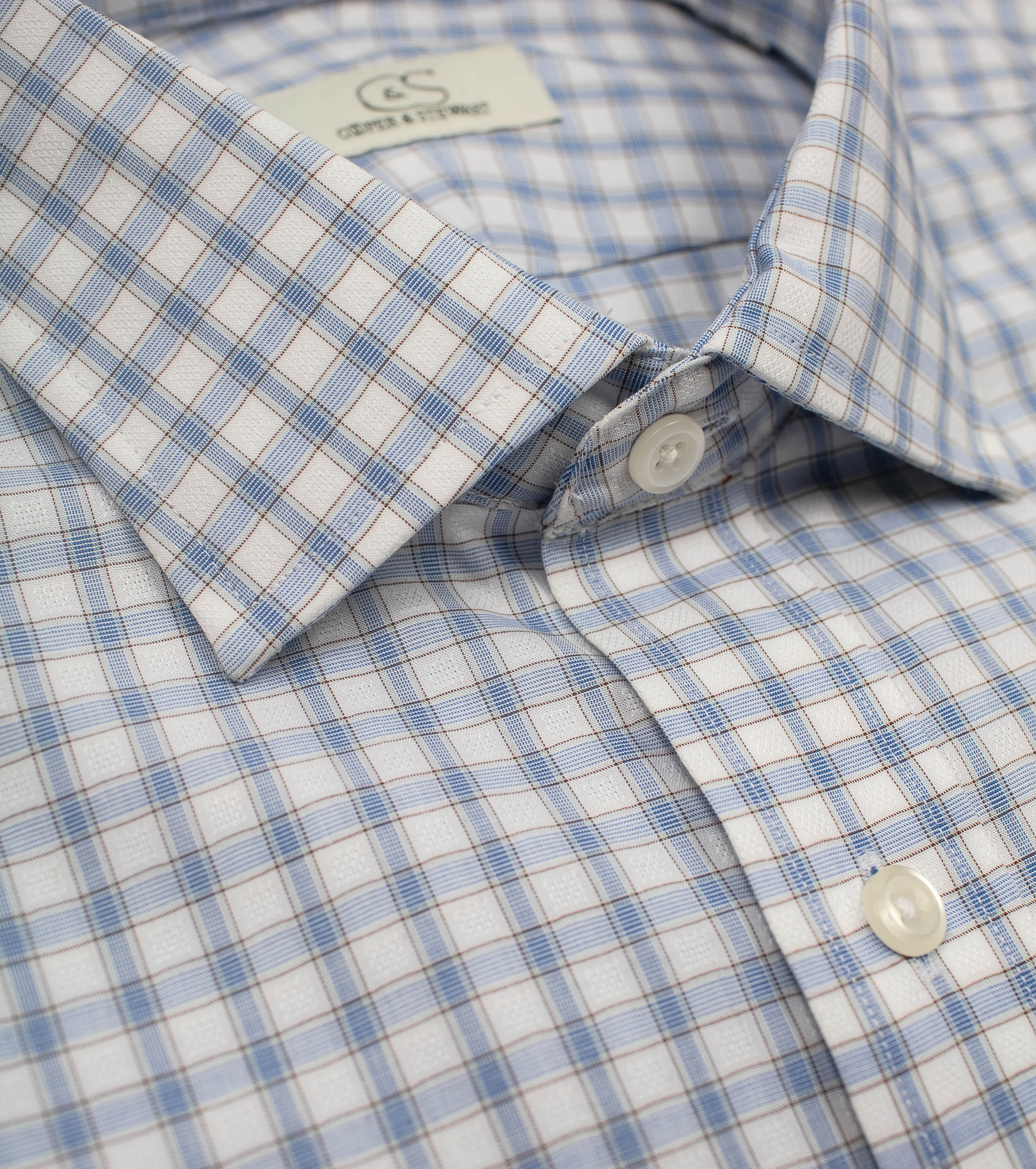 103 TF SC - White Ground w/Blue & Tan Check Tailored Fit Spread Collar