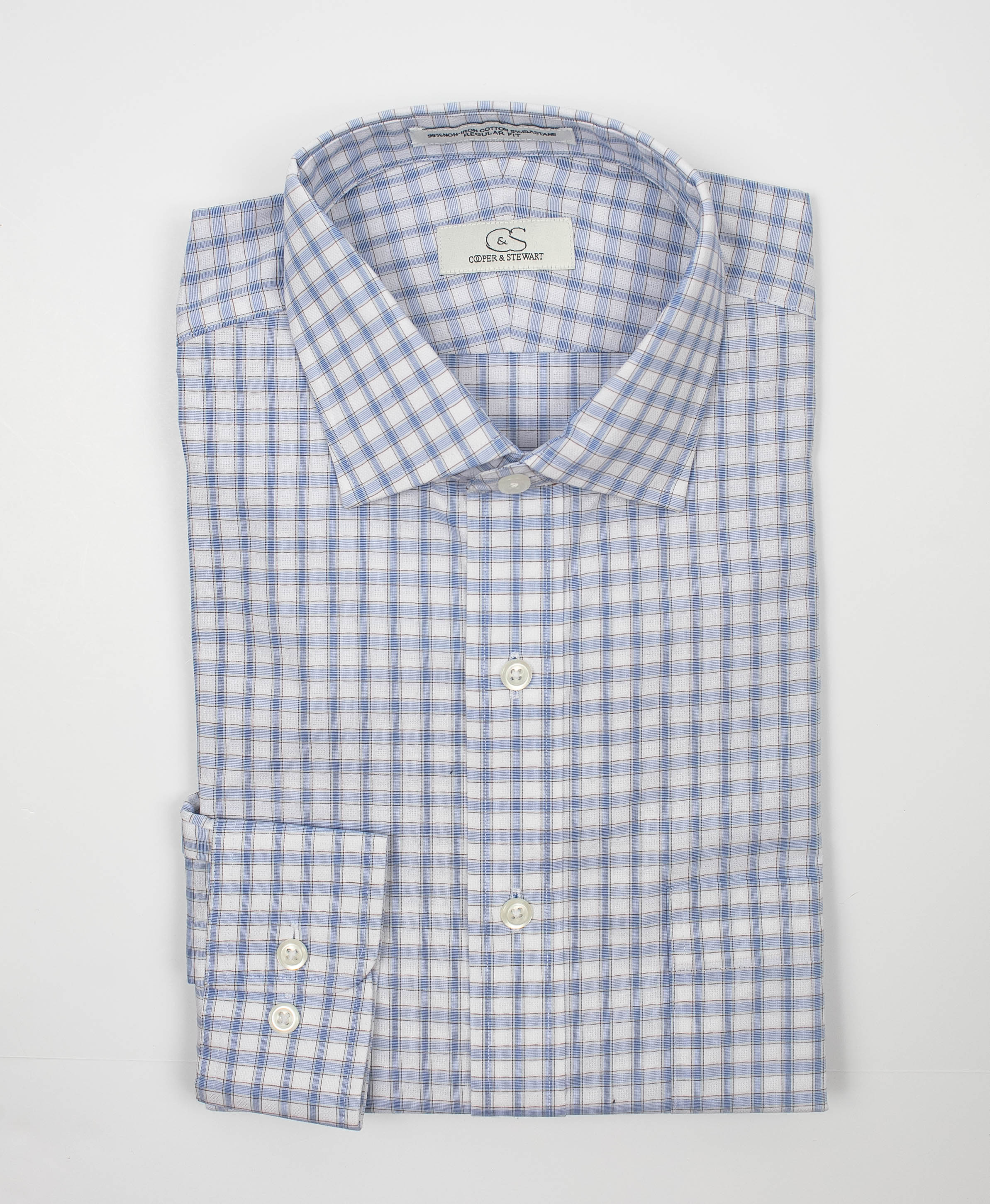 103 TF SC - White Ground w/Blue & Tan Check Tailored Fit Spread Collar