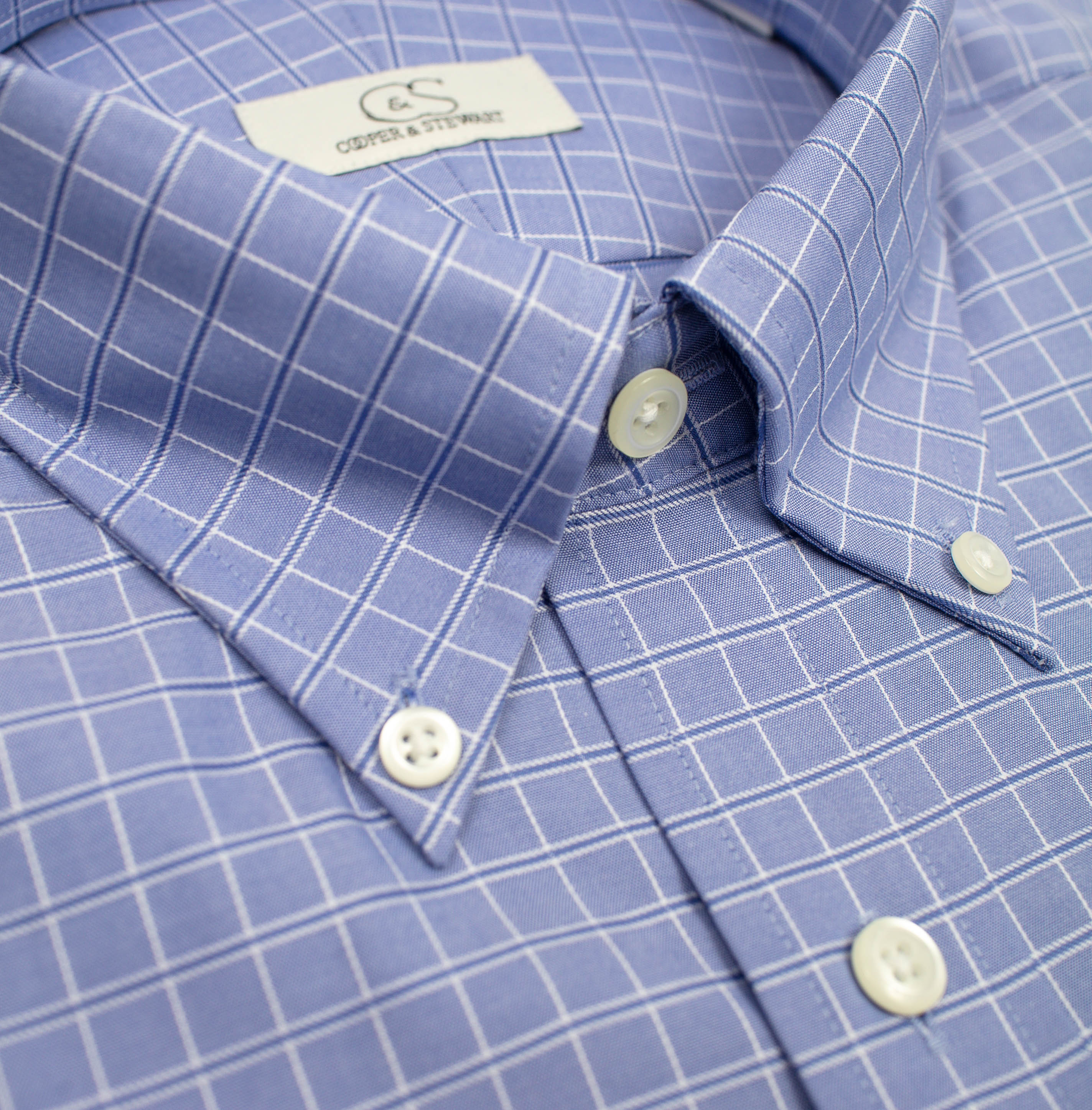 114 BD - Blue Satin Check Button Down Collar