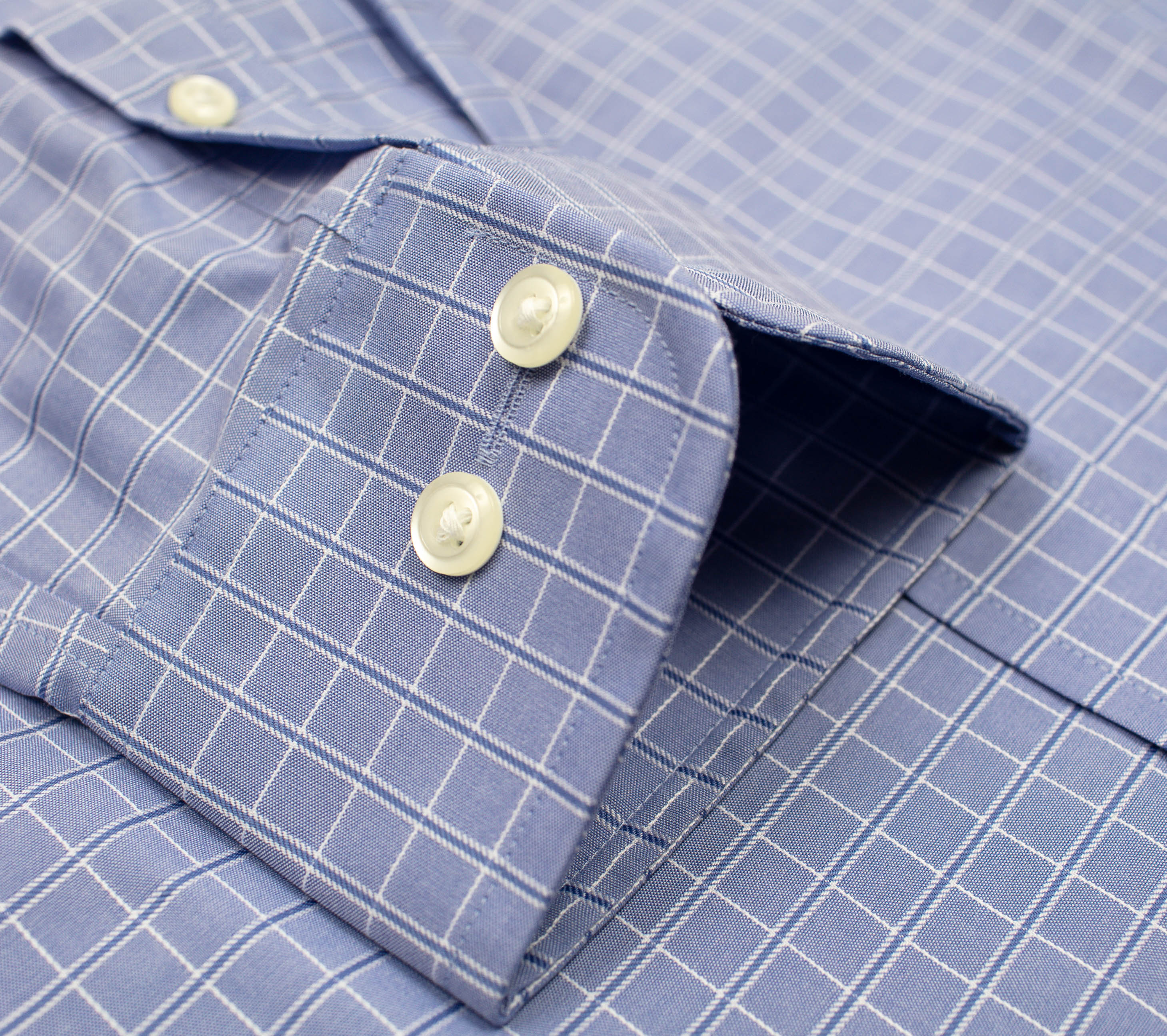 114 TF BD - Blue Satin Check Tailored Fit Button Down Collar