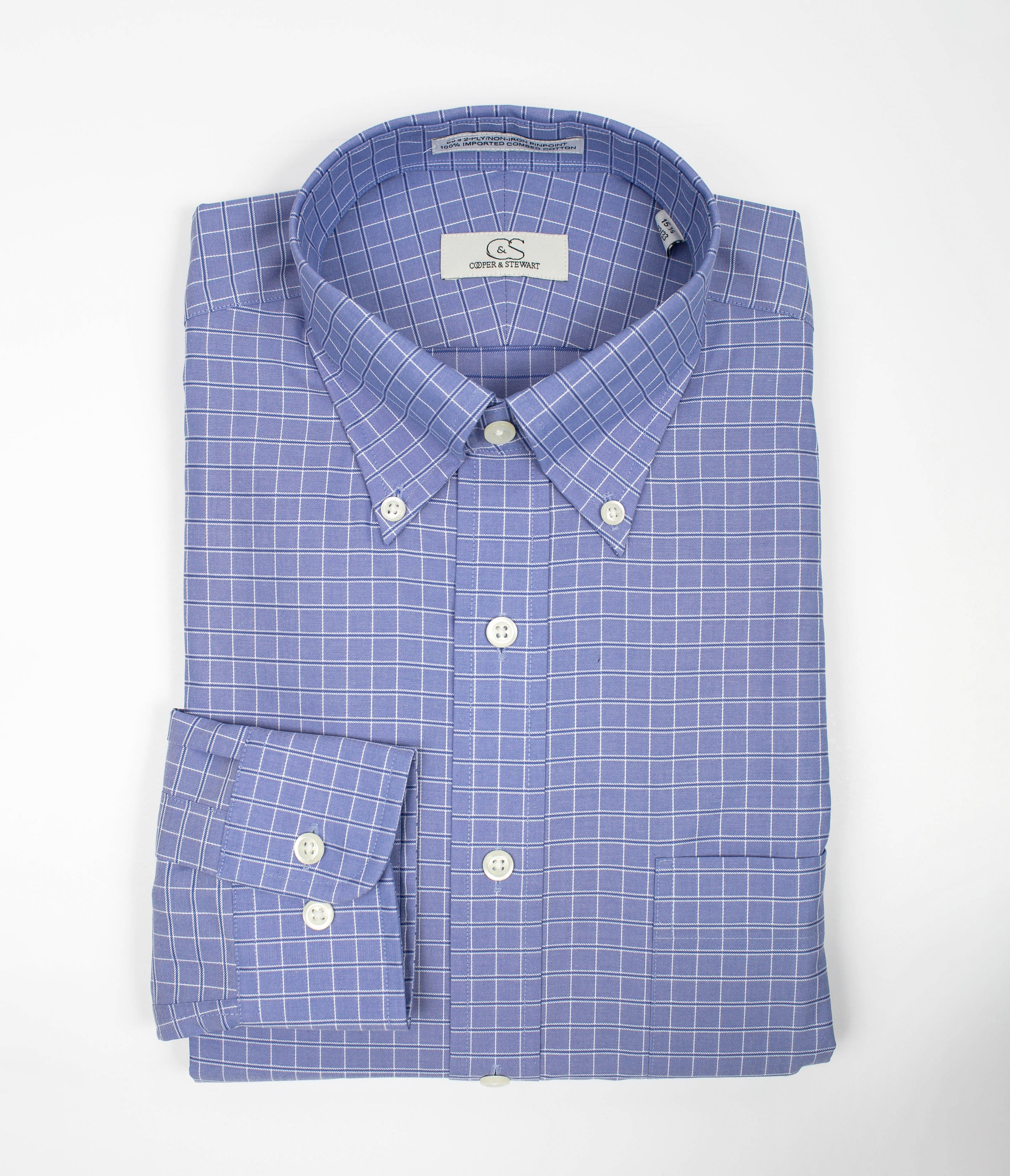 114 BD - Blue Satin Check Button Down Collar