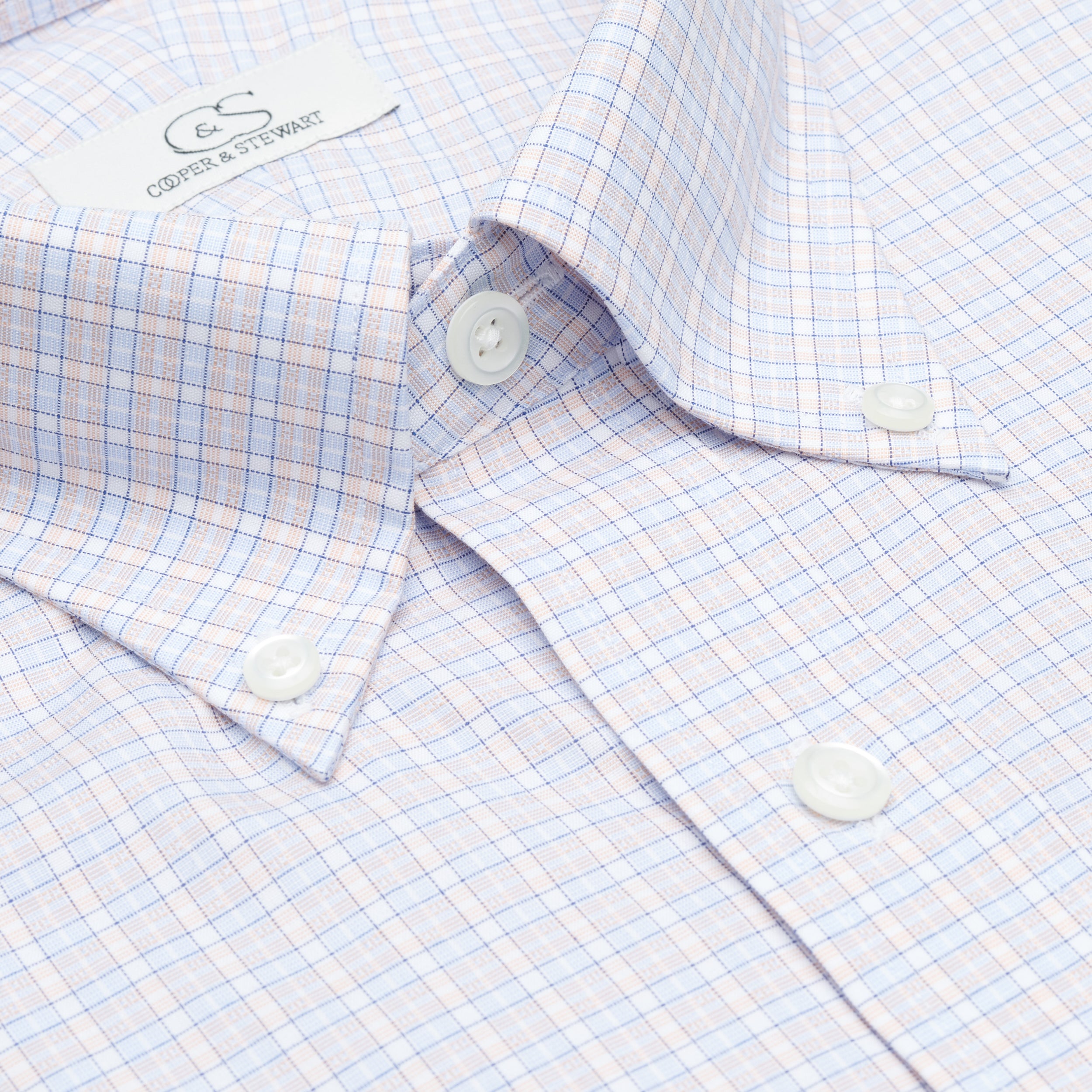 122 TF BD - Blue/Melon Dobby Check Tailored Fit Button Down Collar