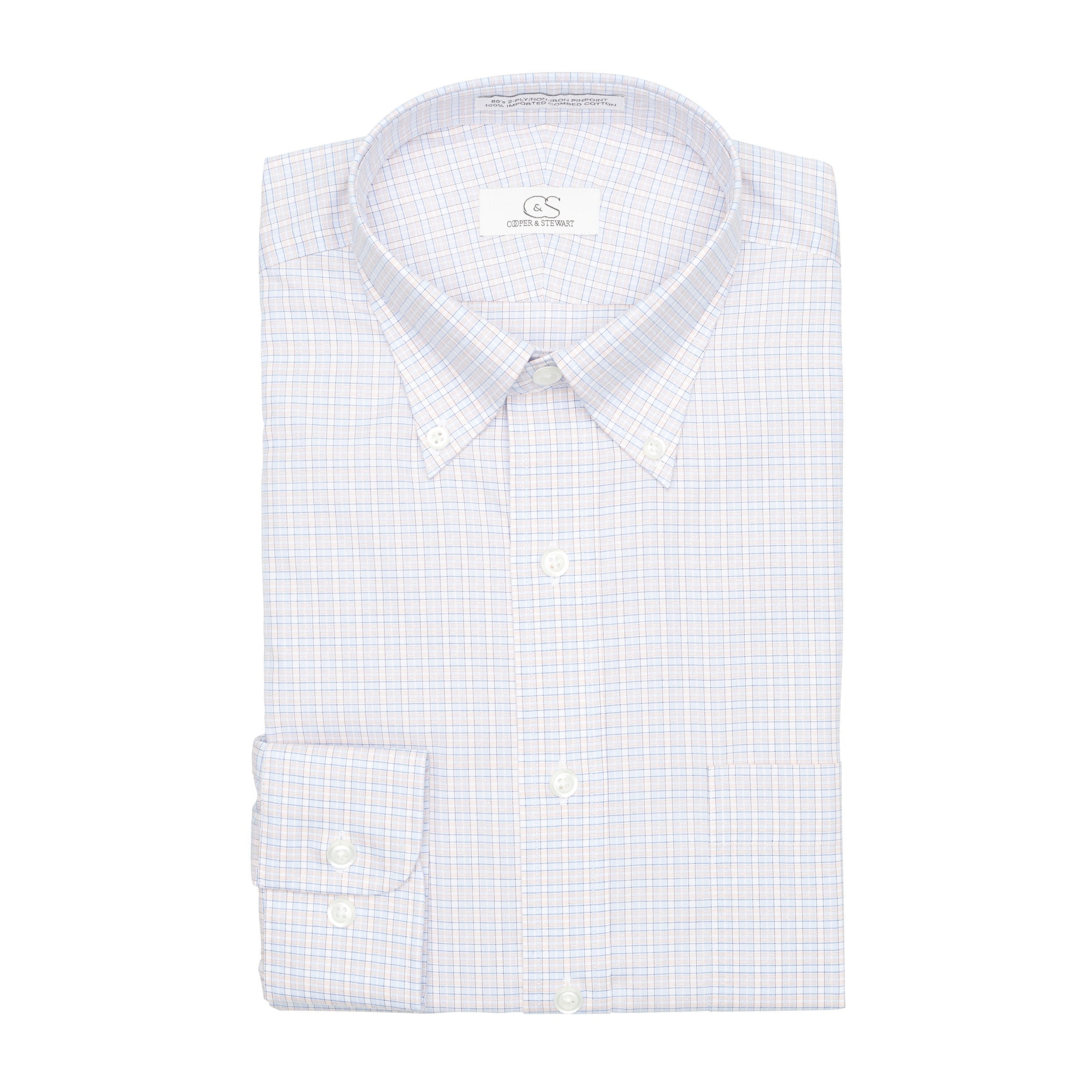 122 TF BD - Blue/Melon Dobby Check Tailored Fit Button Down Collar