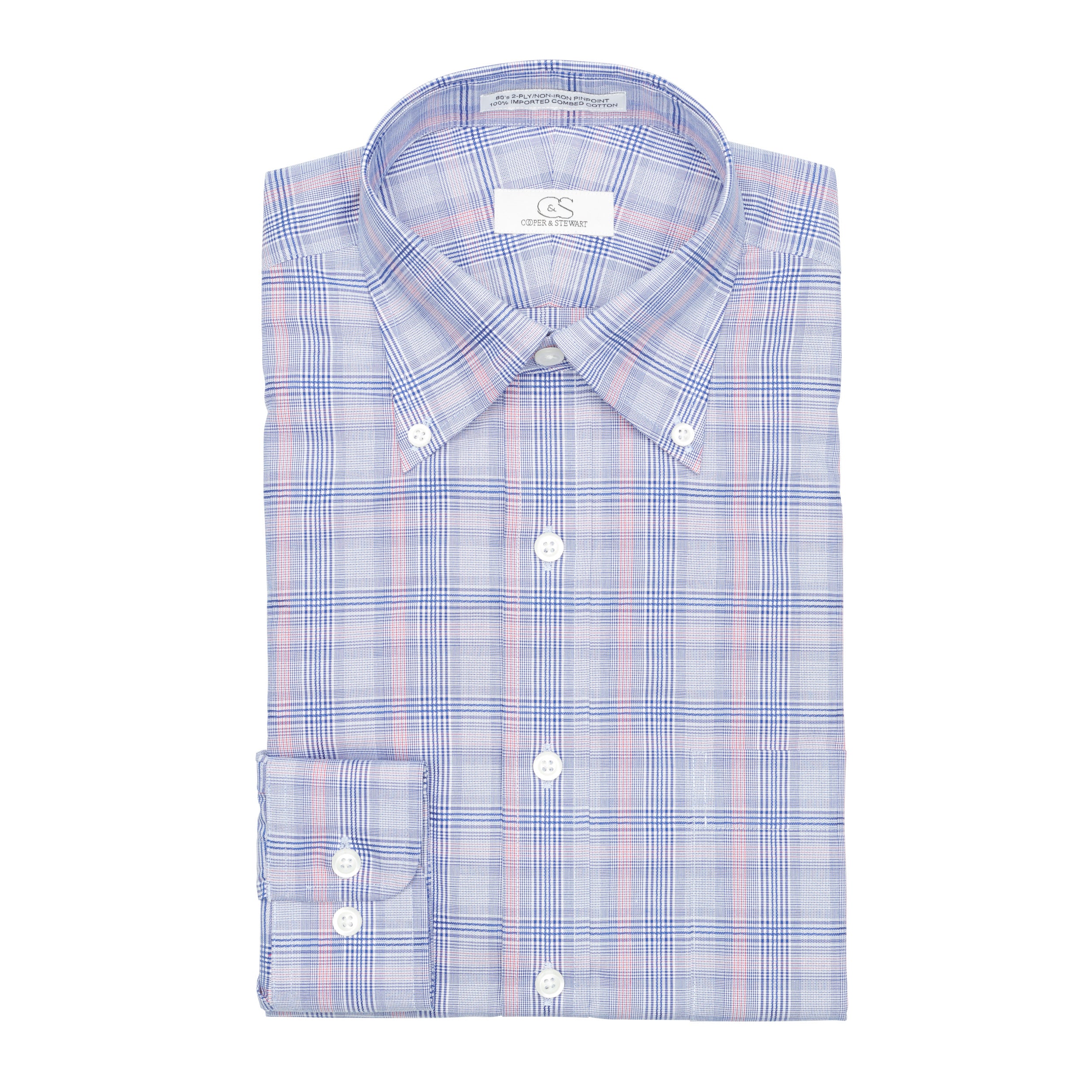 126 TF BD - Blue w/Coral Glen Plaid Tailored Fit Button Down Collar