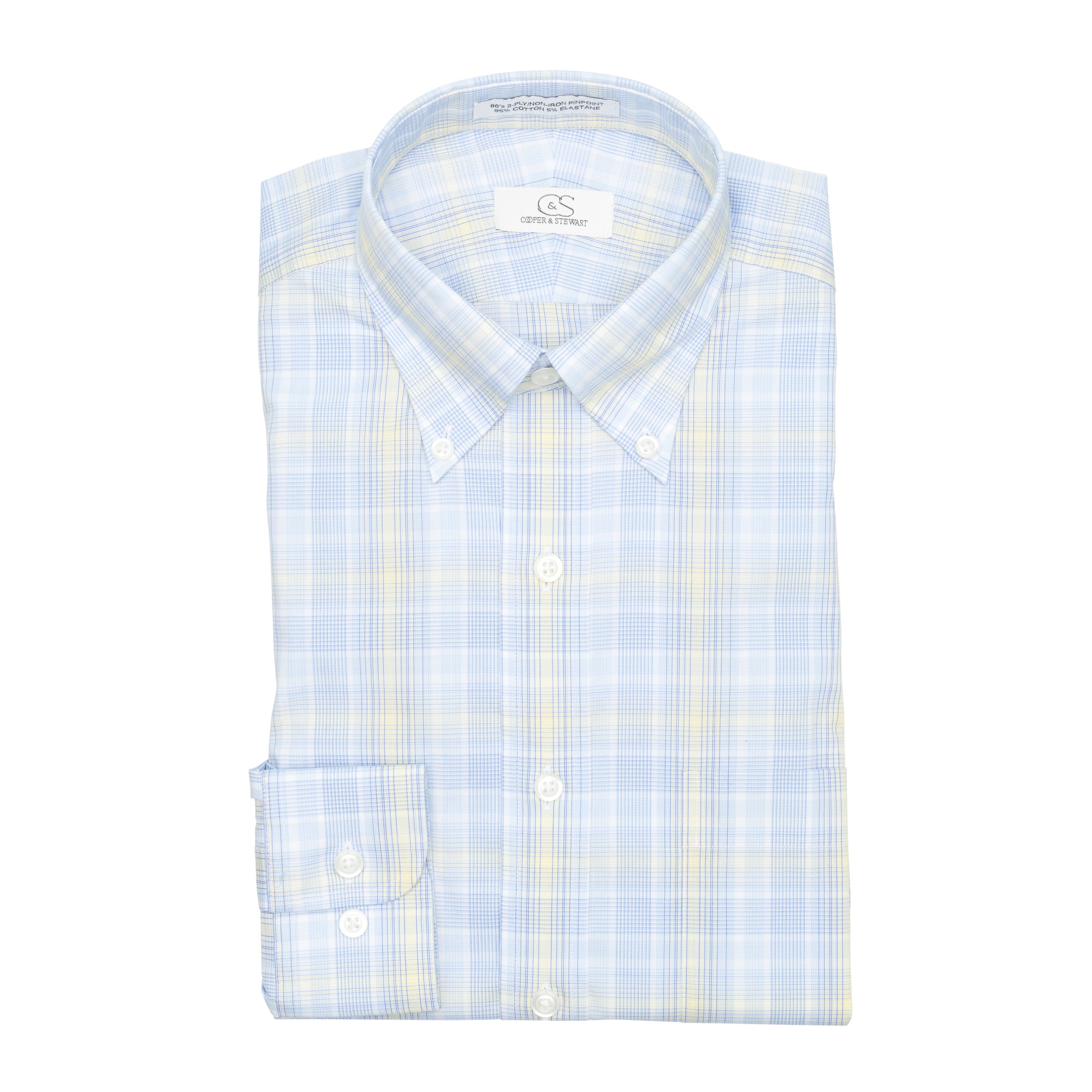 128 BD - Blue Exploded Plaid w/Yellow Button Down Collar (95/5)