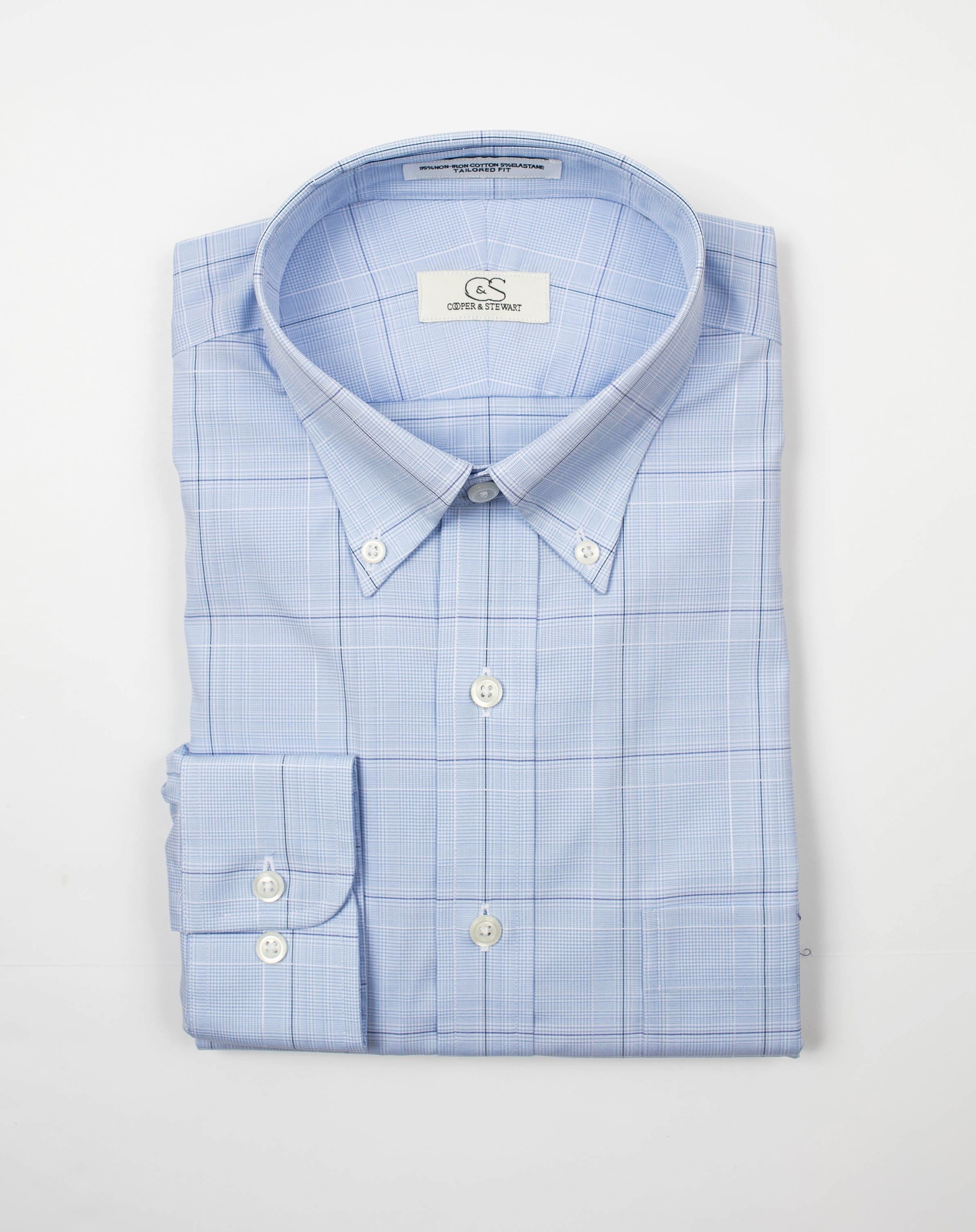 021 TF BD - Blue Ground Square Box Check Tailored Fit Button Down Collar