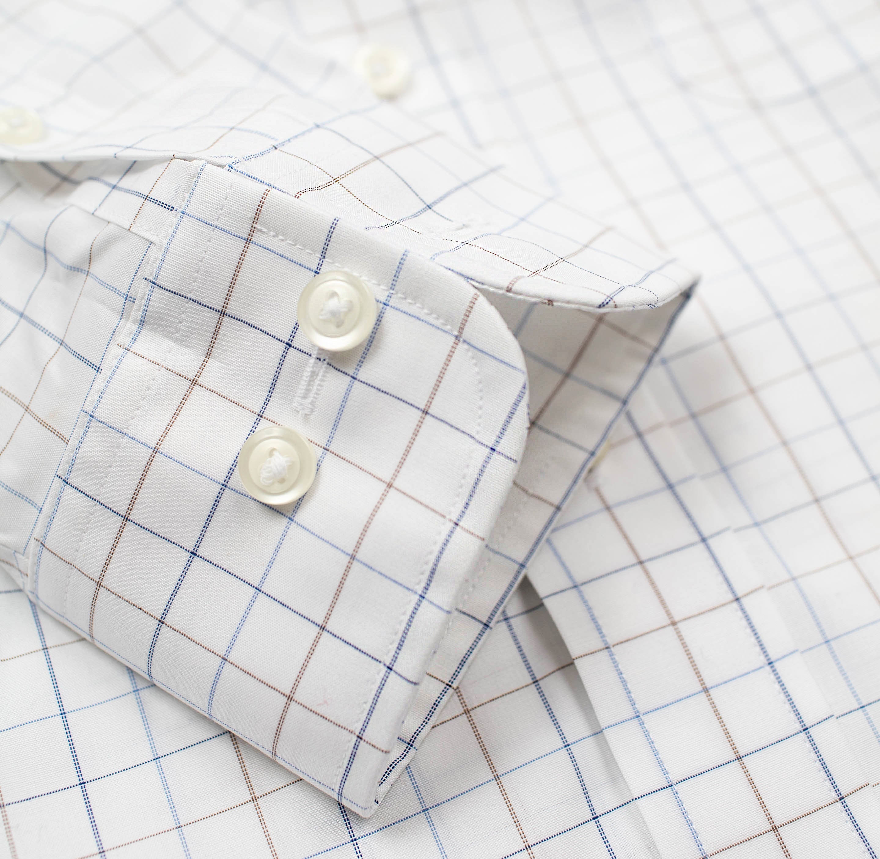 022 TF BD - White Ground Blue/Tan Check Tailored Fit Button Down Collar