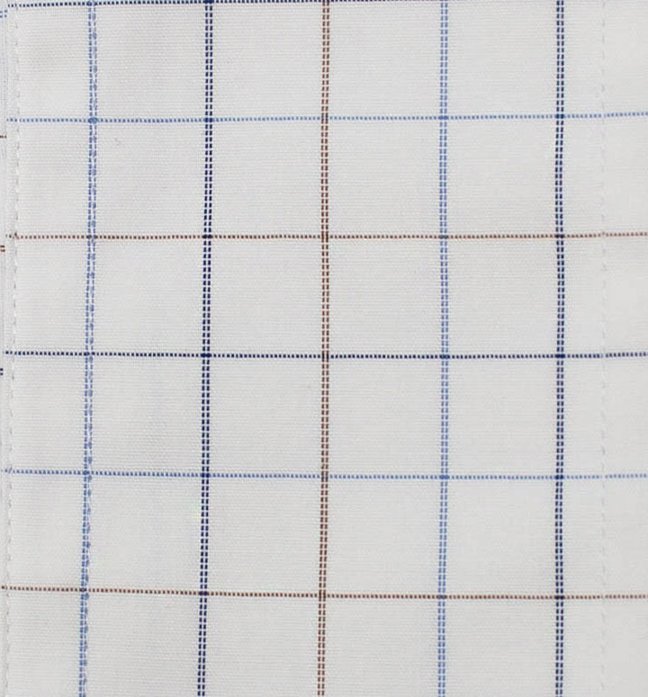 022 TF SC - White Ground Blue/Tan Check Tailored Fit Spread Collar