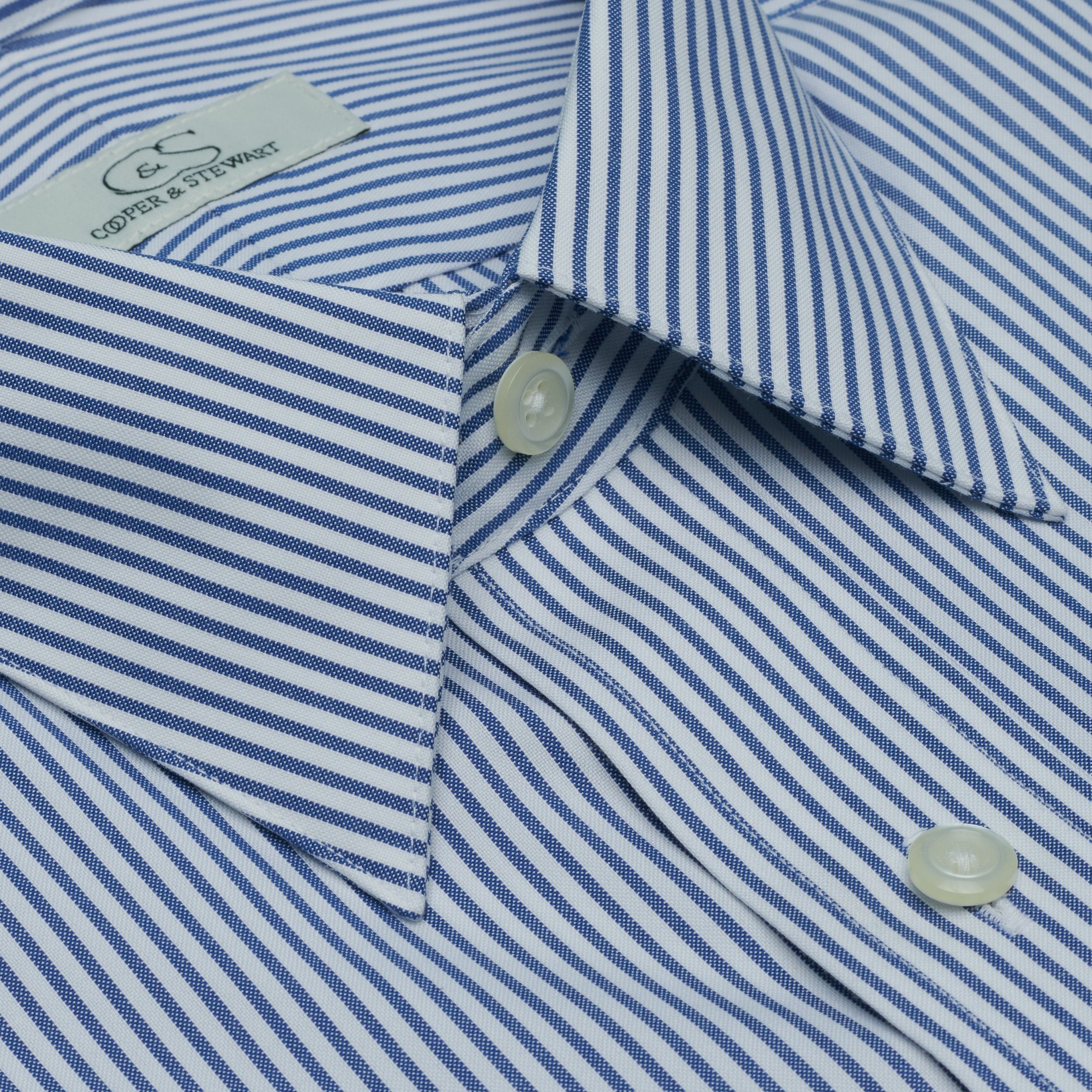 THE BURLINGTON - Blue Bankers Stripe SC Dress Shirt Cooper and Stewart 